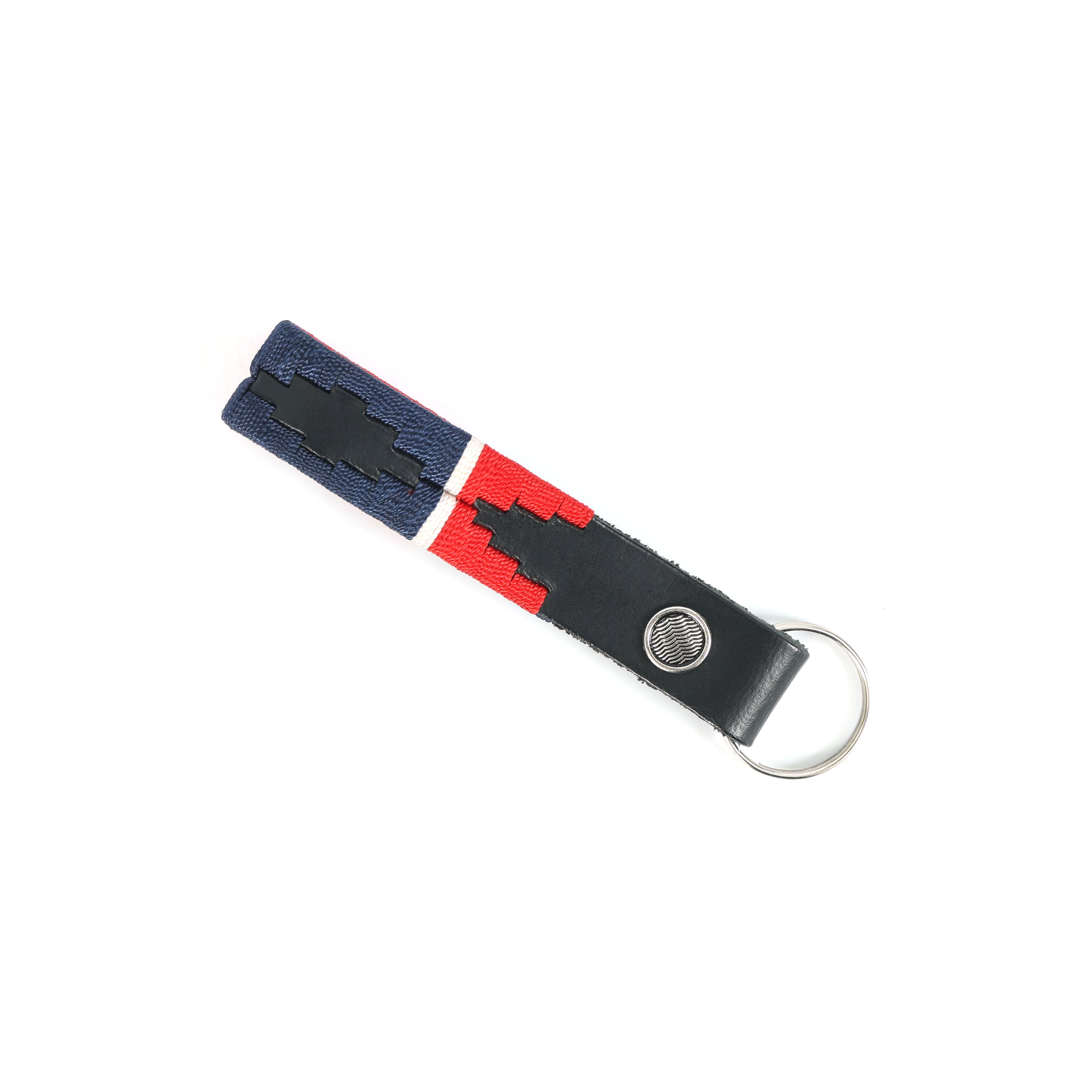 Handcrafted Black Leather Polo Belt with Red, Blue & White Stitching | Premium Handmade Belt with Metal Buckle + Free Matching Keyring