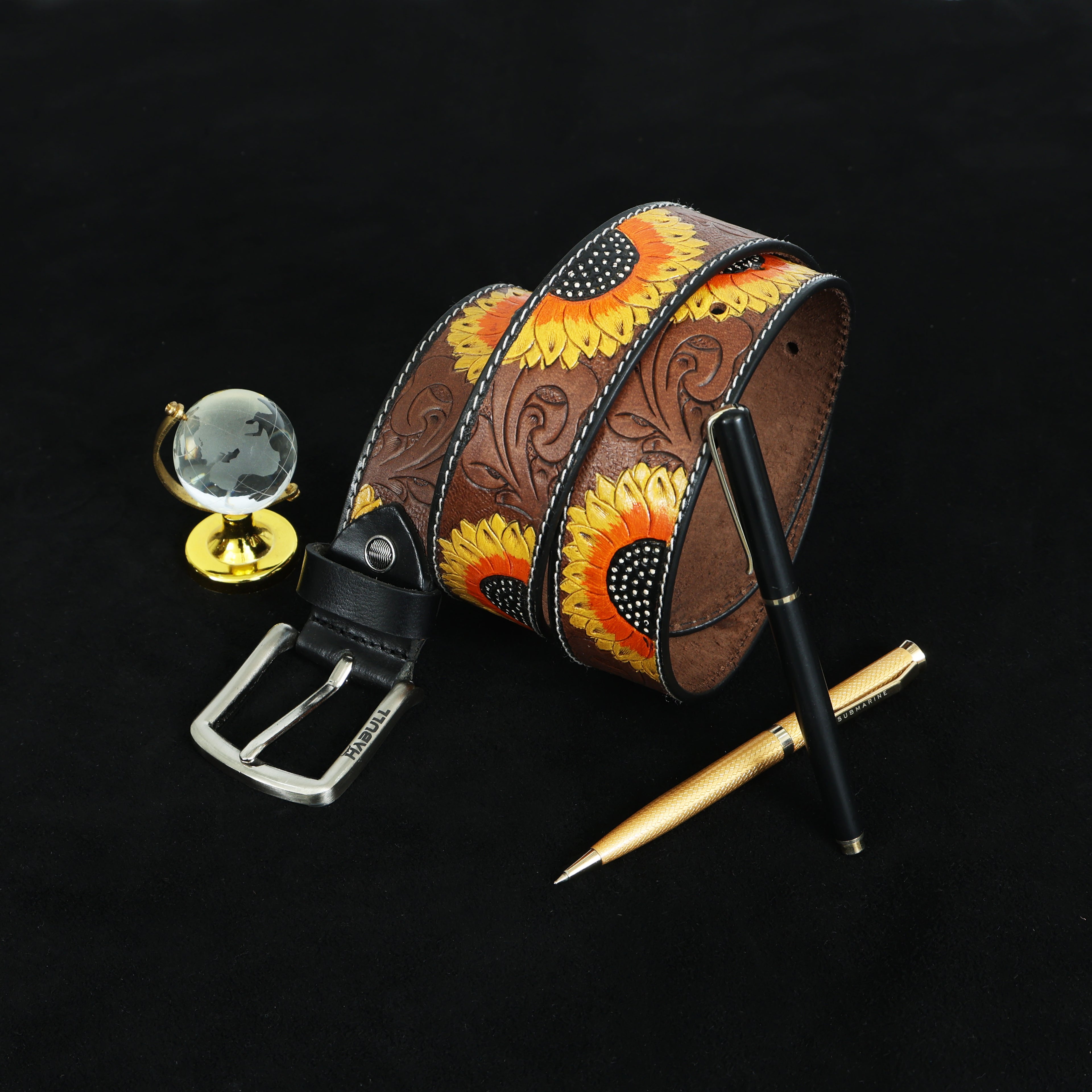 Handcrafted Sunflower Tooled Leather Belt – Premium Brown Leather with Floral Detailing