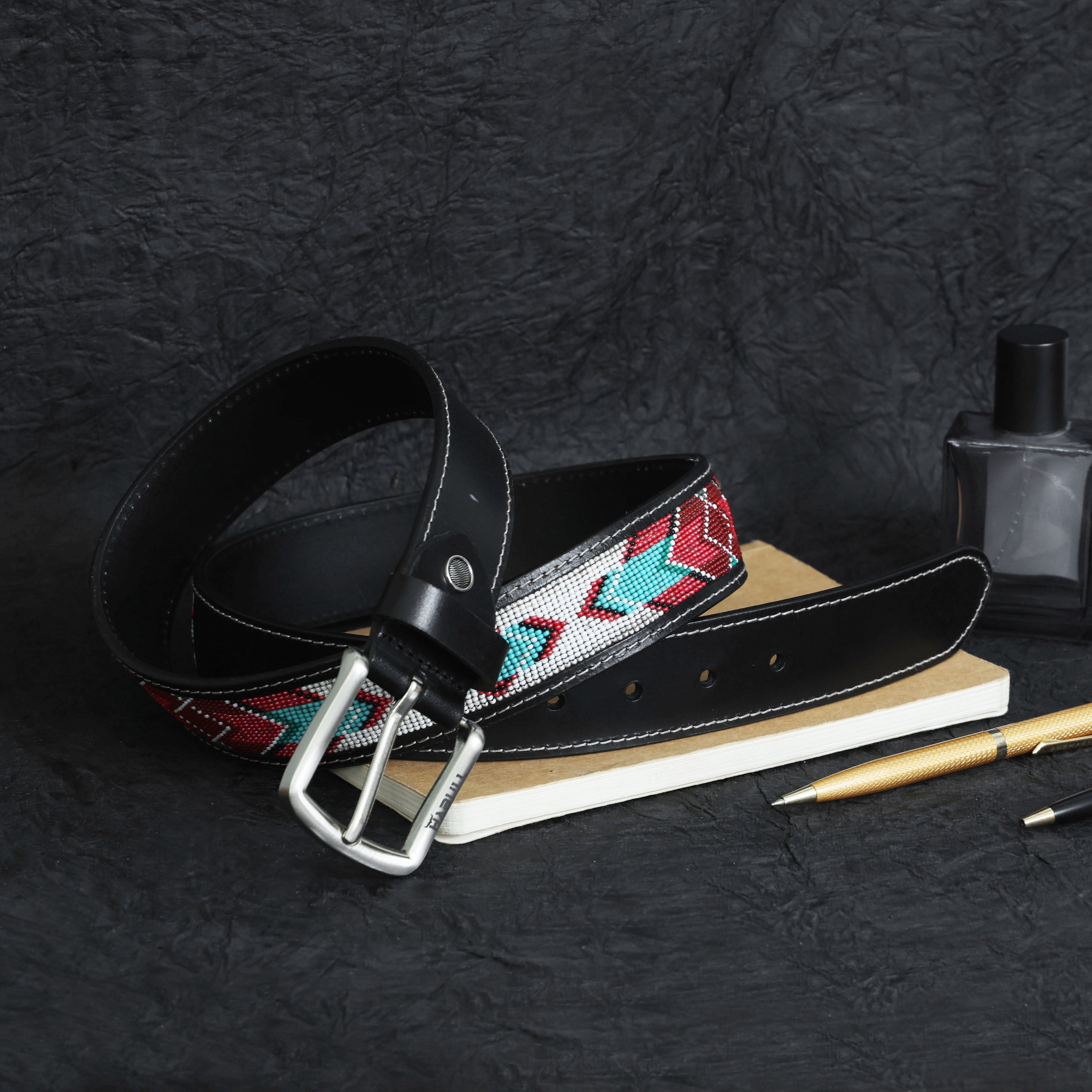 Handcrafted Beaded Leather Belt – Premium Black Leather with Colorful Artisan Detailing