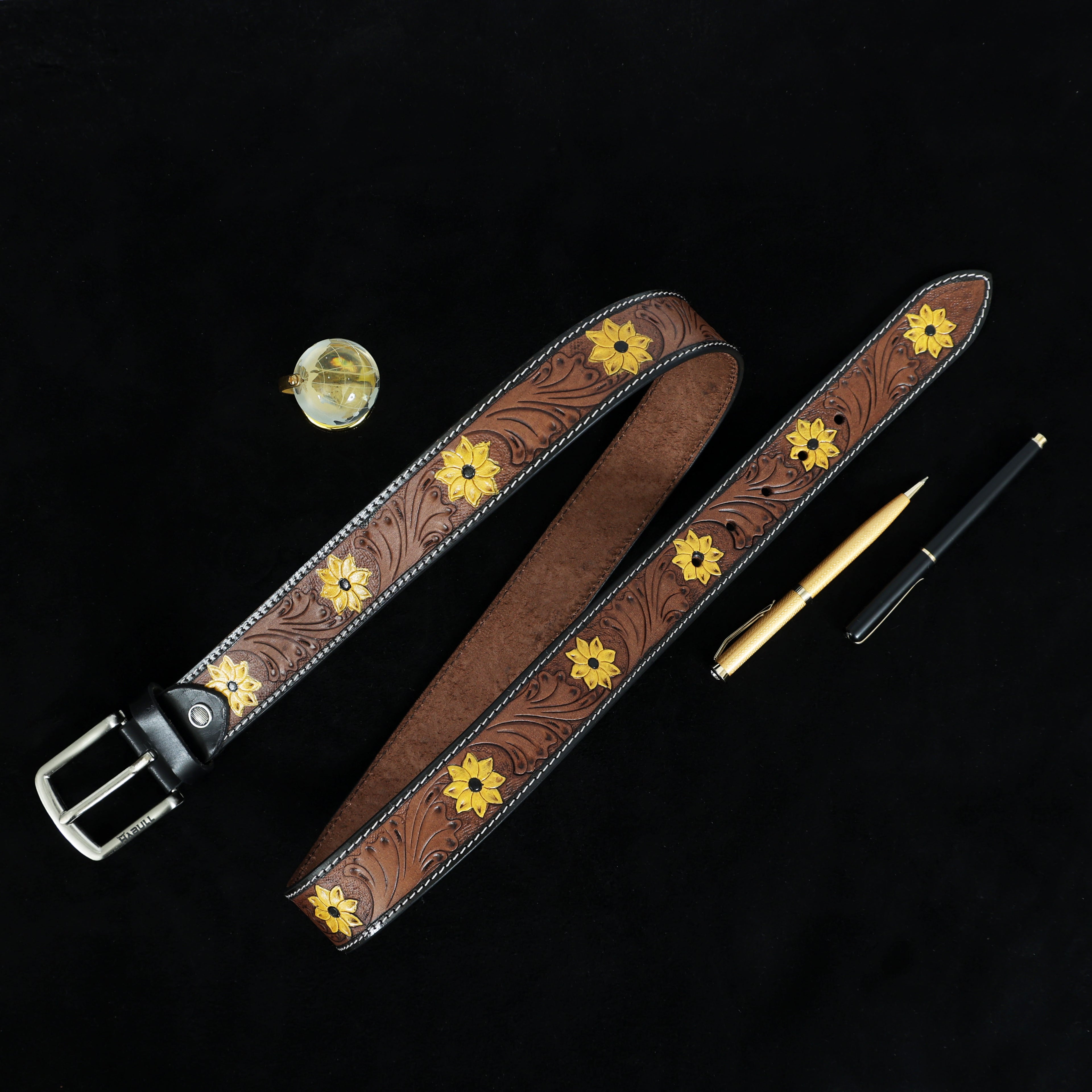 Handcrafted Tooled Leather Belt with Yellow Floral Engravings – Premium Western Brown Belt