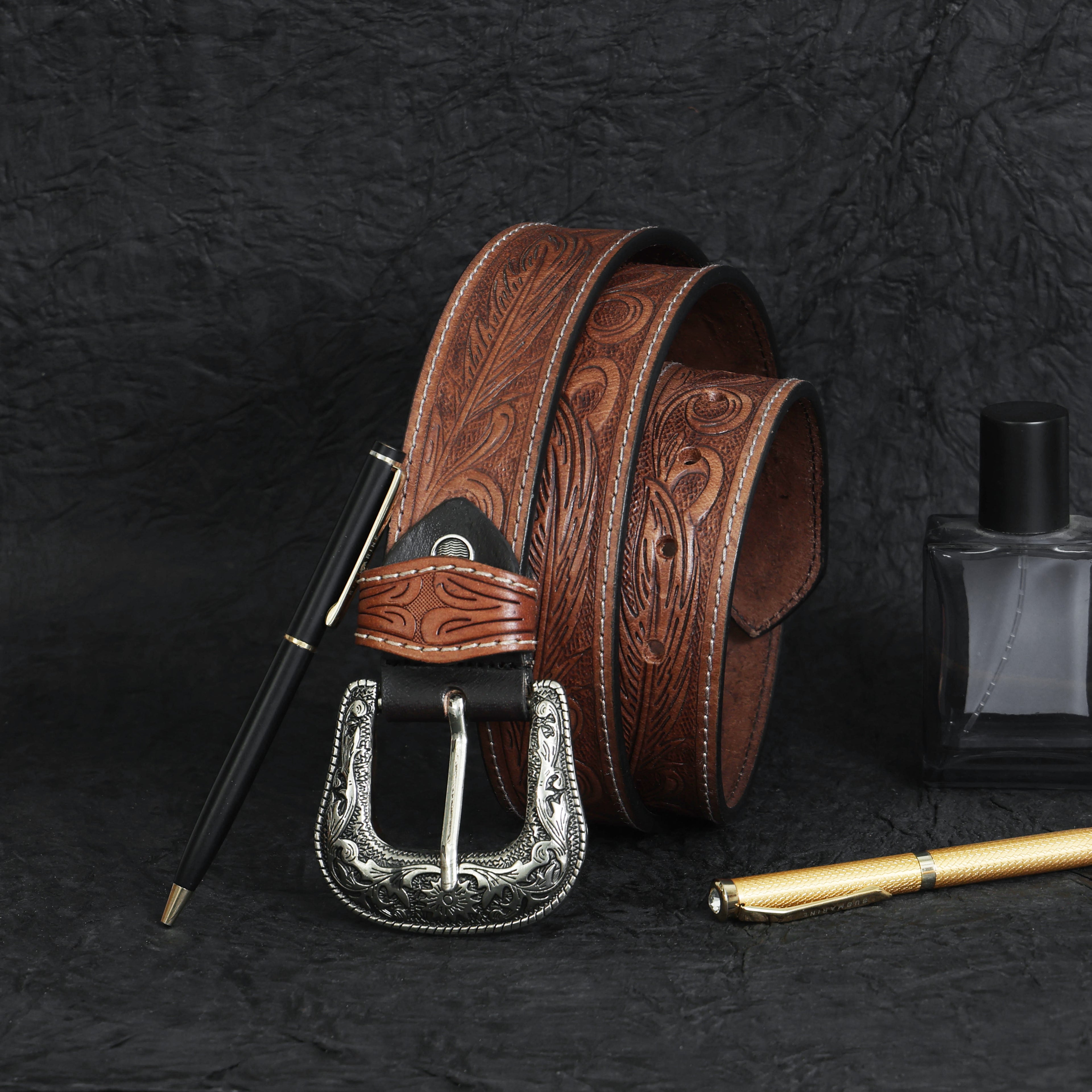 Handcrafted Brown Tooled Leather Belt with Antique Silver Buckle | Western Style Genuine Leather Belt