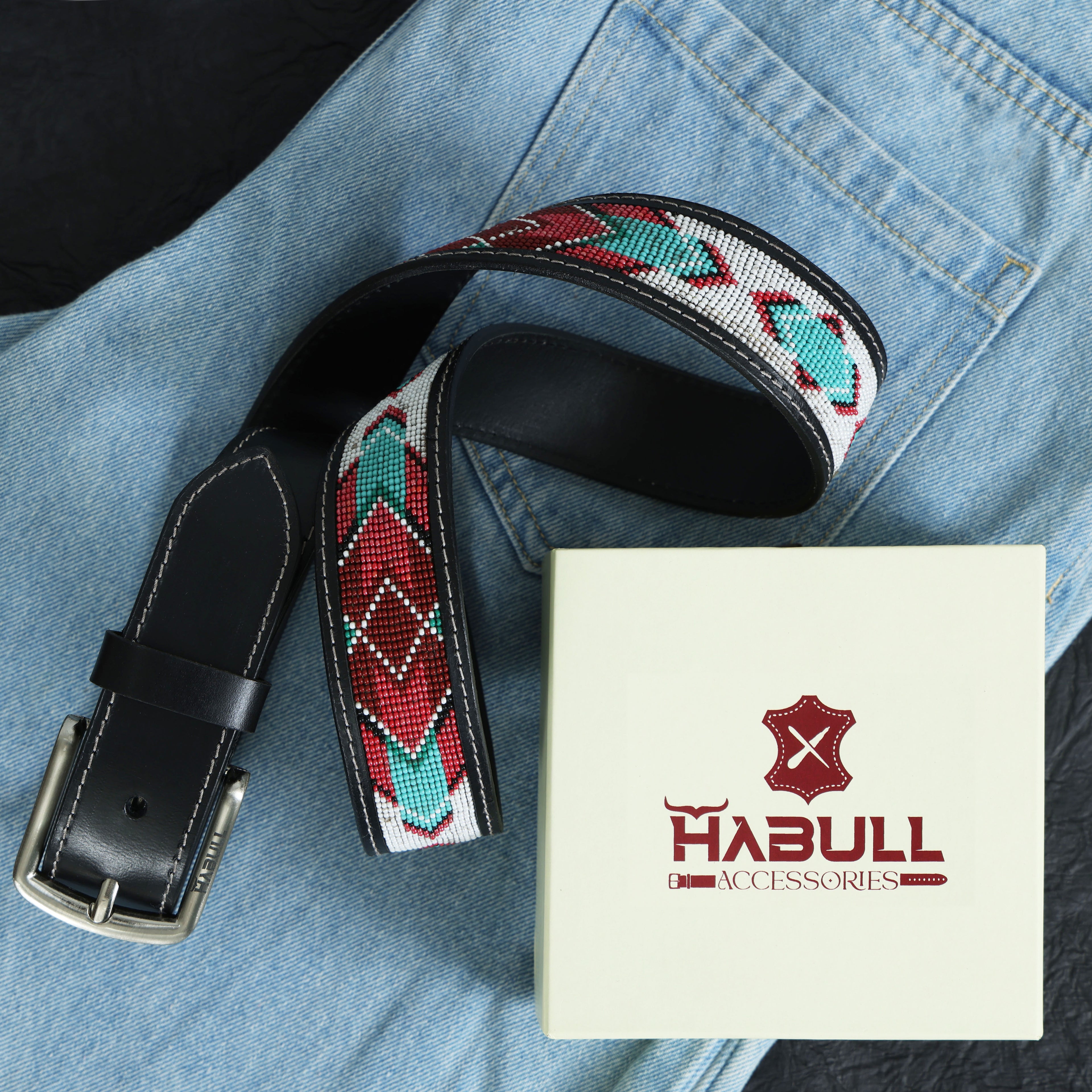 Handcrafted Beaded Leather Belt – Premium Black Leather with Colorful Artisan Detailing