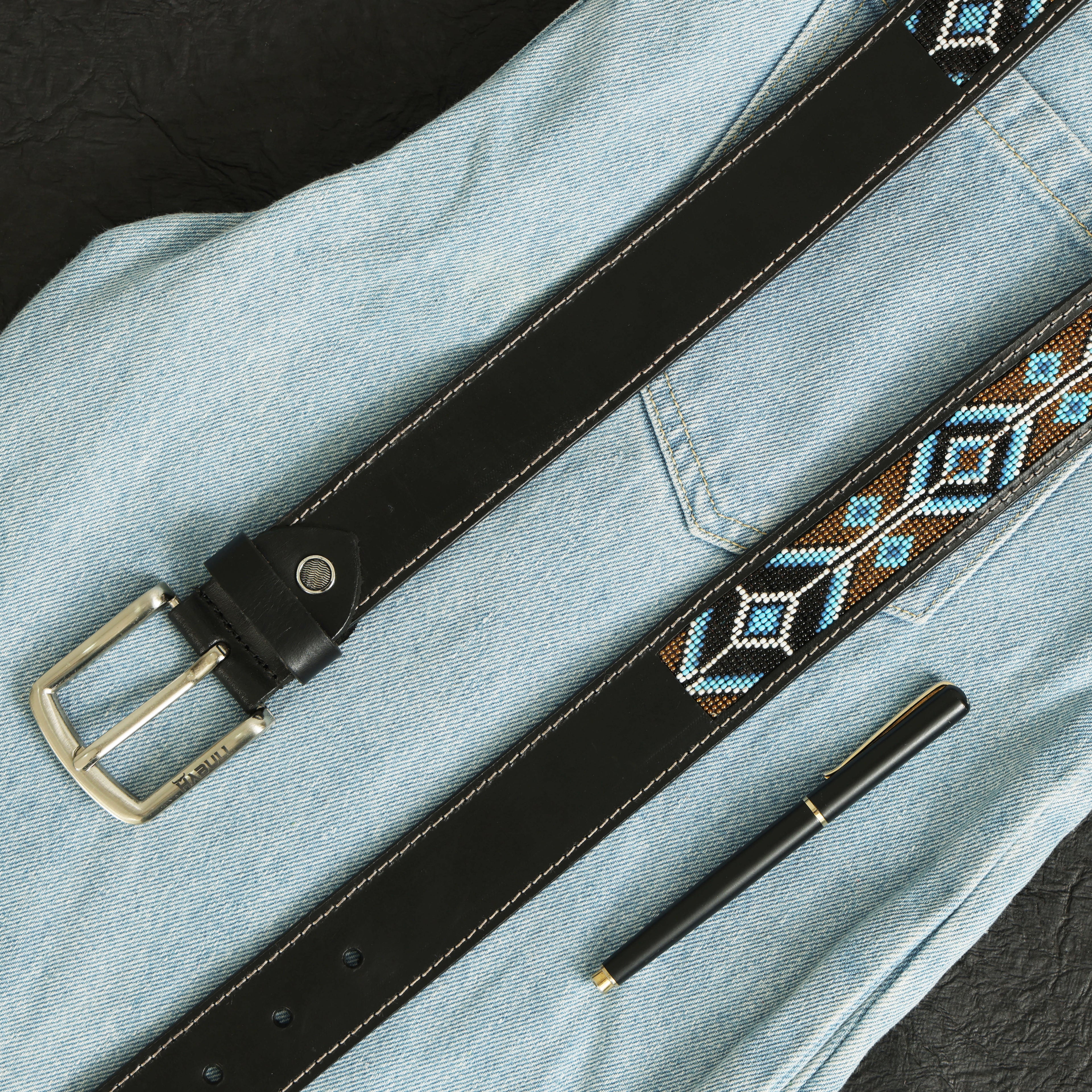Handcrafted Beaded Leather Belt – Premium Black Leather with Blue Tribal Patter