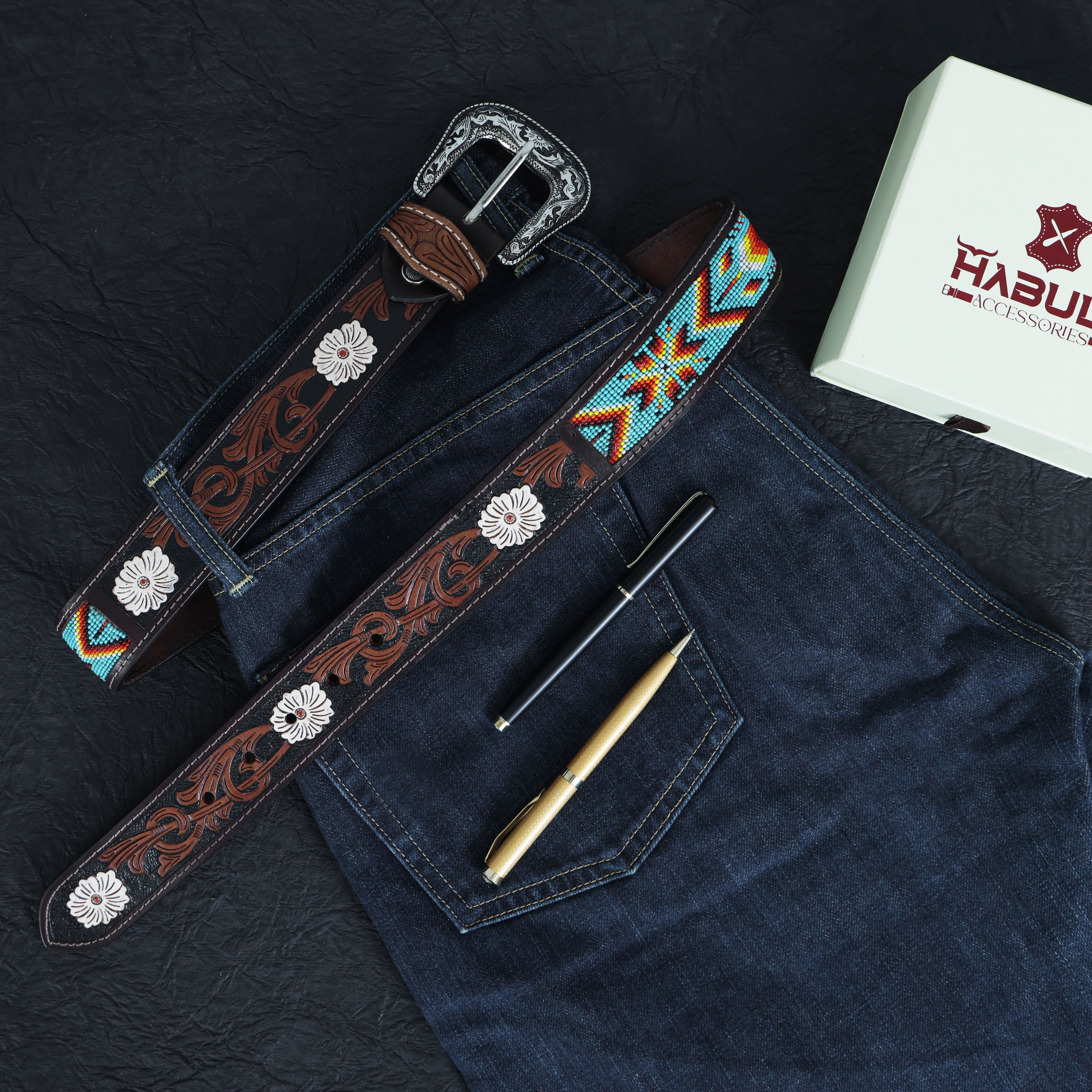 Handcrafted Western Beaded Leather Belt – Premium Tooled Leather with Turquoise & Sunset Beadwork