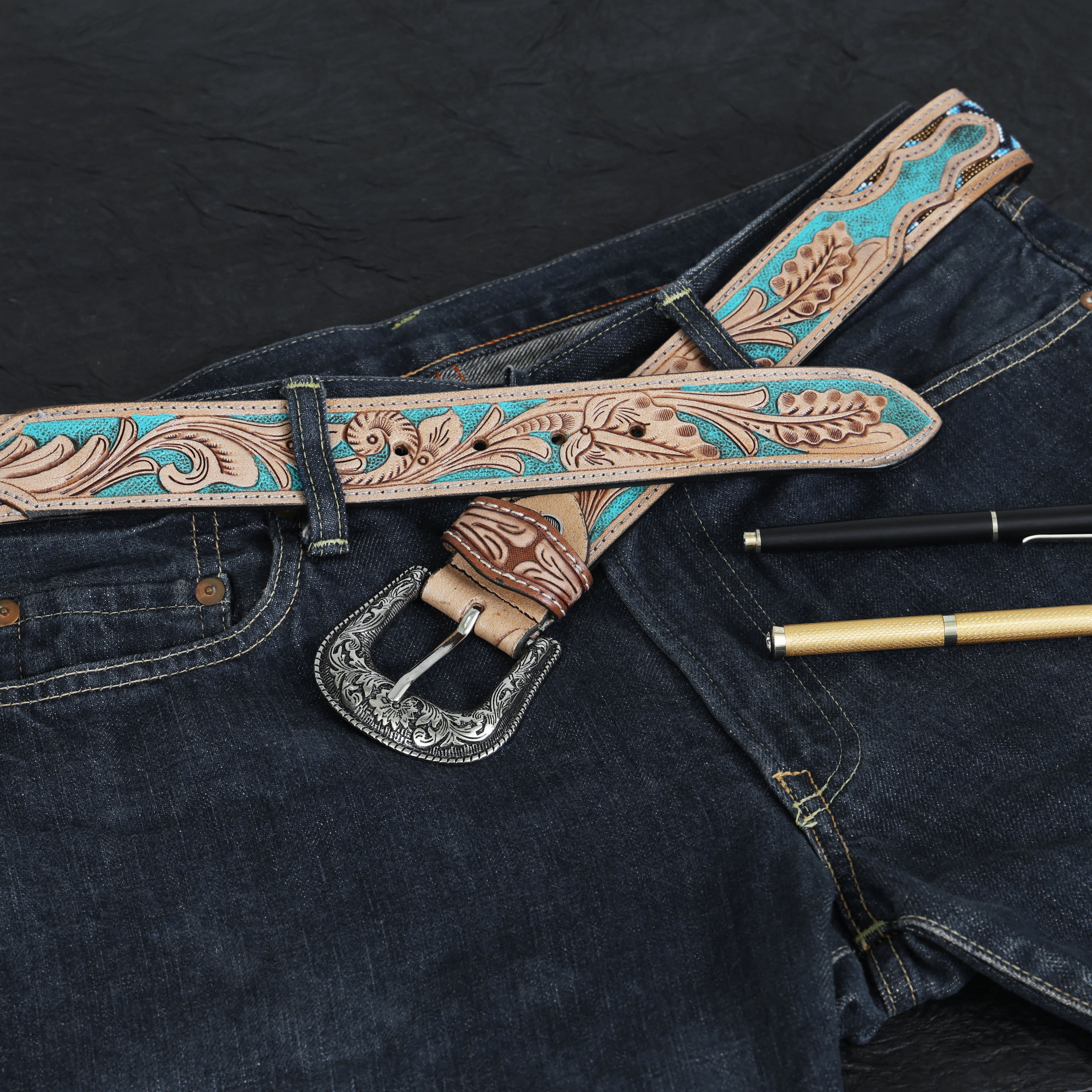 Handcrafted Tooled Leather Belt with Turquoise Floral Design | Blue Beaded Western Belt with Engraved Buckle | Premium Handmade Cowhide Belt