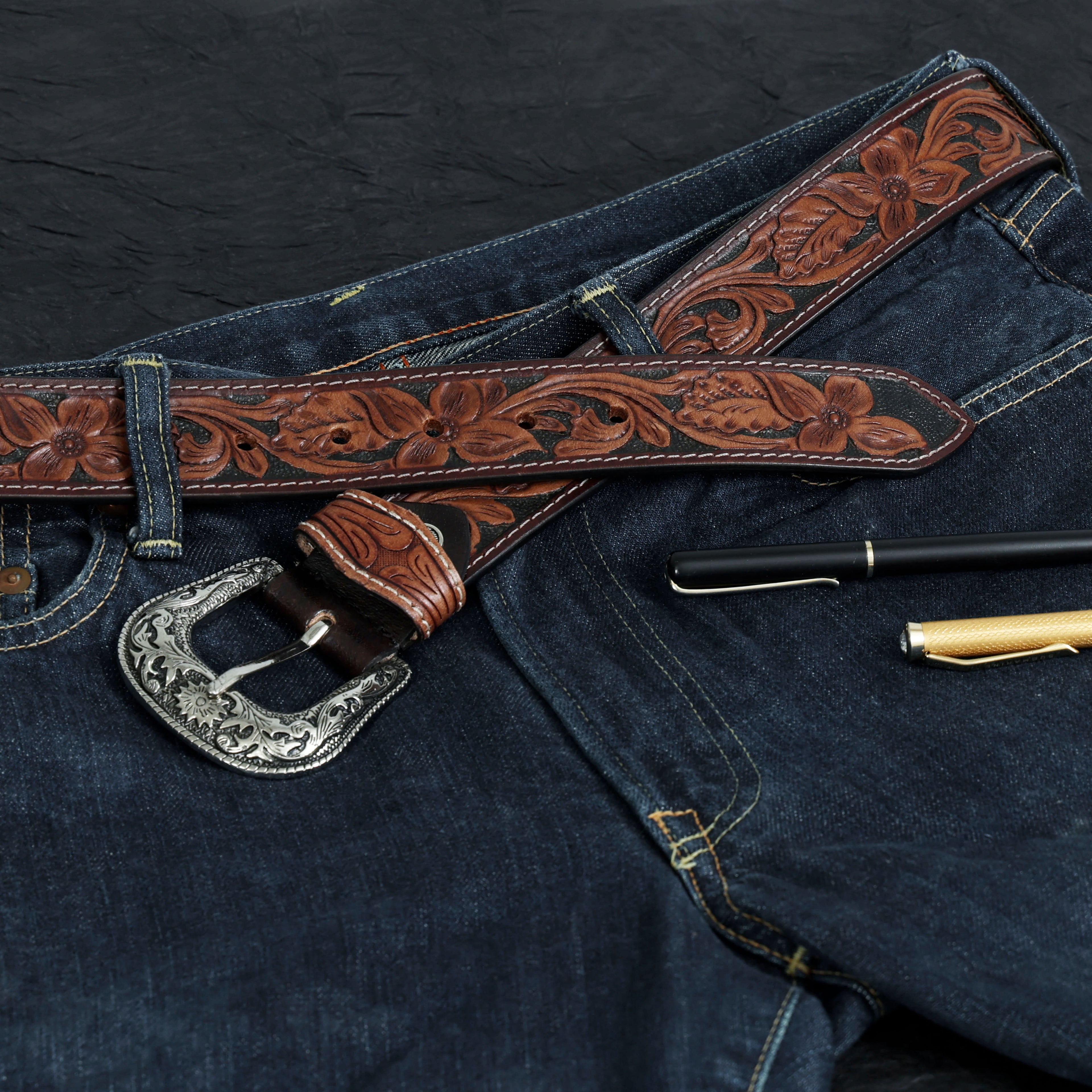 Handcrafted Brown Tooled Leather Belt | Floral Tooling Western Belt with Engraved Metal Buckle | Premium Handmade Cowhide Belt