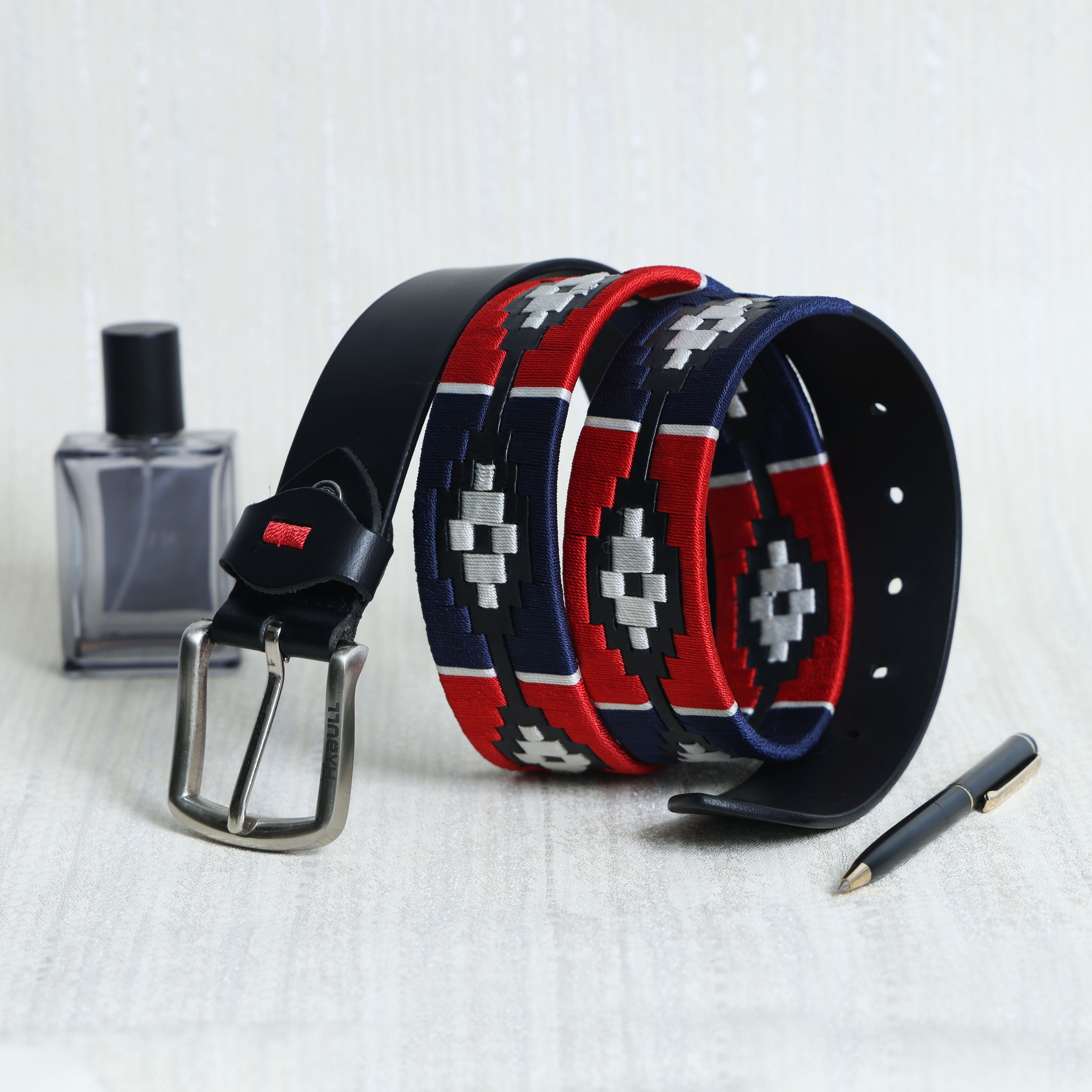 Handcrafted Black Leather Polo Belt with Red, Blue & White Stitching | Premium Handmade Belt with Metal Buckle + Free Matching Keyring