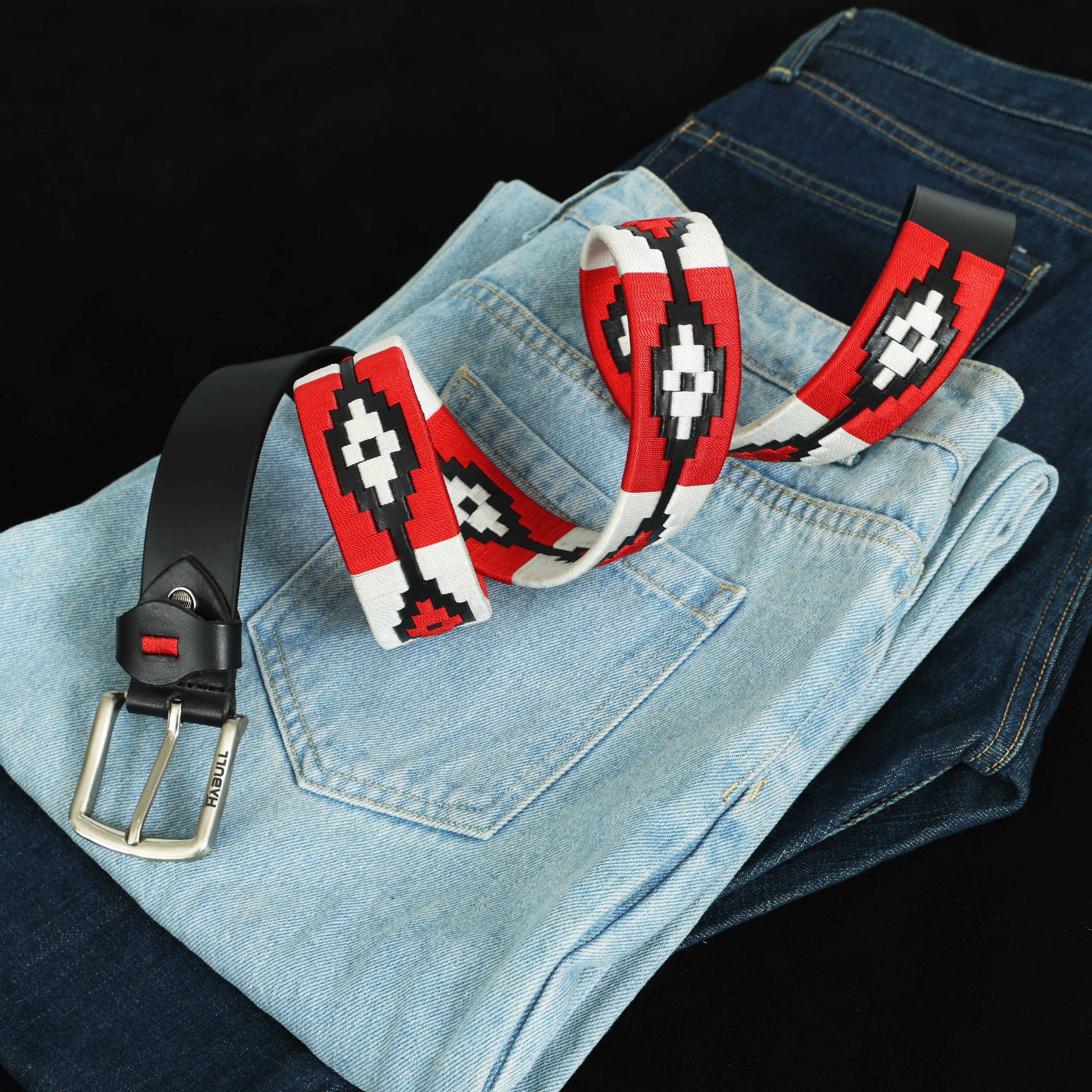 Handcrafted Black Leather Polo Belt with Red & White Stitching | Metal Buckle | Premium Handmade Belt + Free Matching Keyring