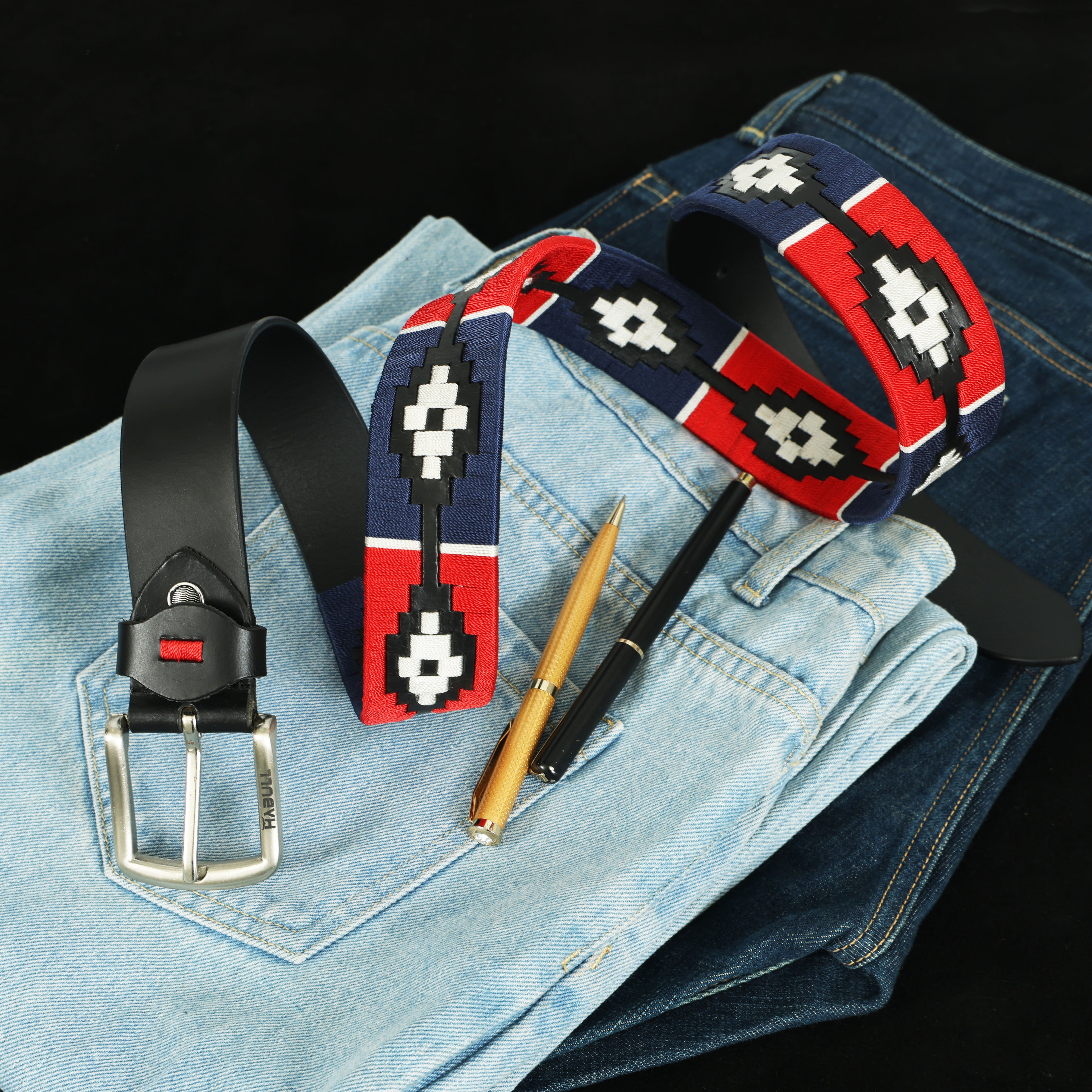 Handcrafted Black Leather Polo Belt with Red, Blue & White Stitching | Premium Handmade Belt with Metal Buckle + Free Matching Keyring