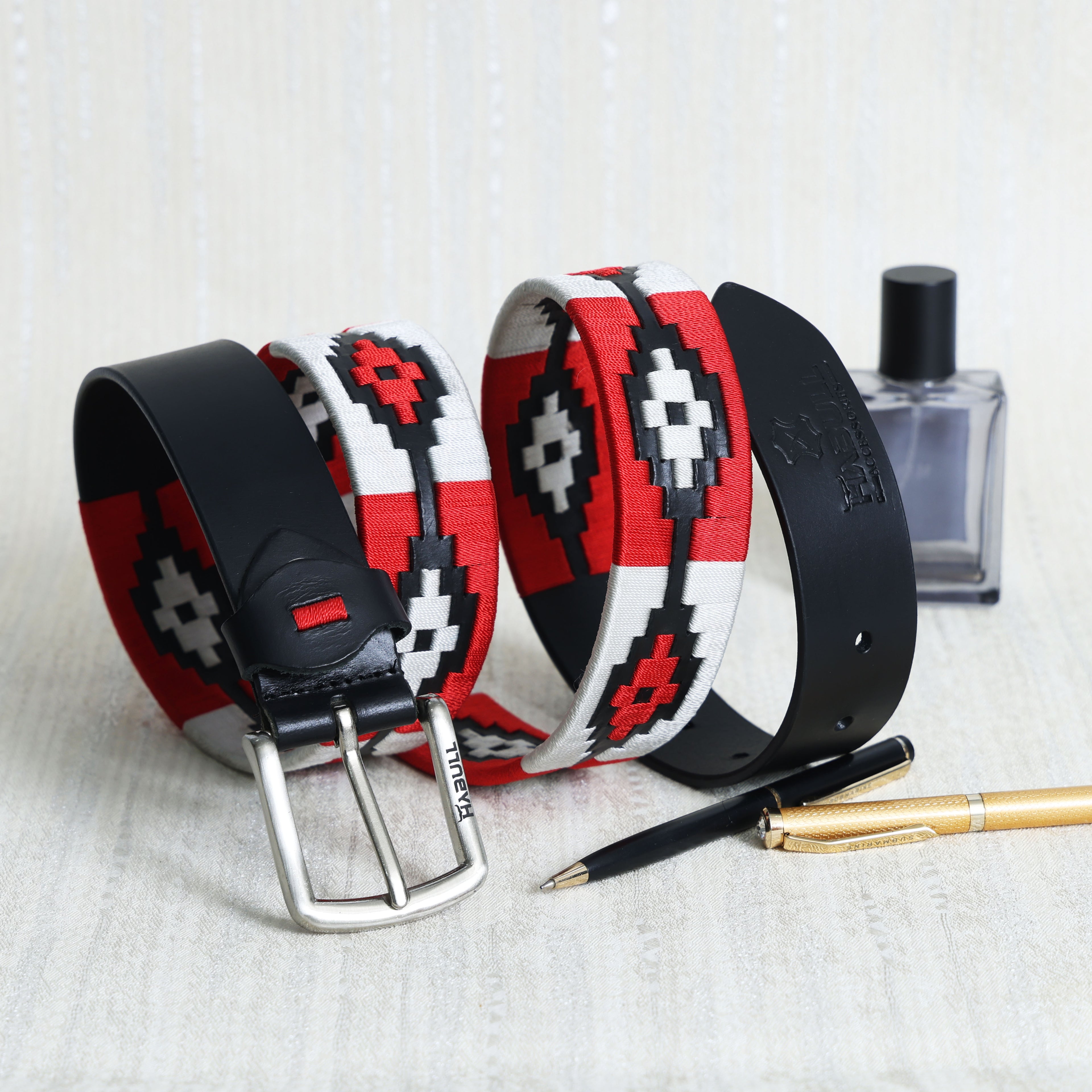 Handcrafted Black Leather Polo Belt with Red & White Stitching | Metal Buckle | Premium Handmade Belt + Free Matching Keyring