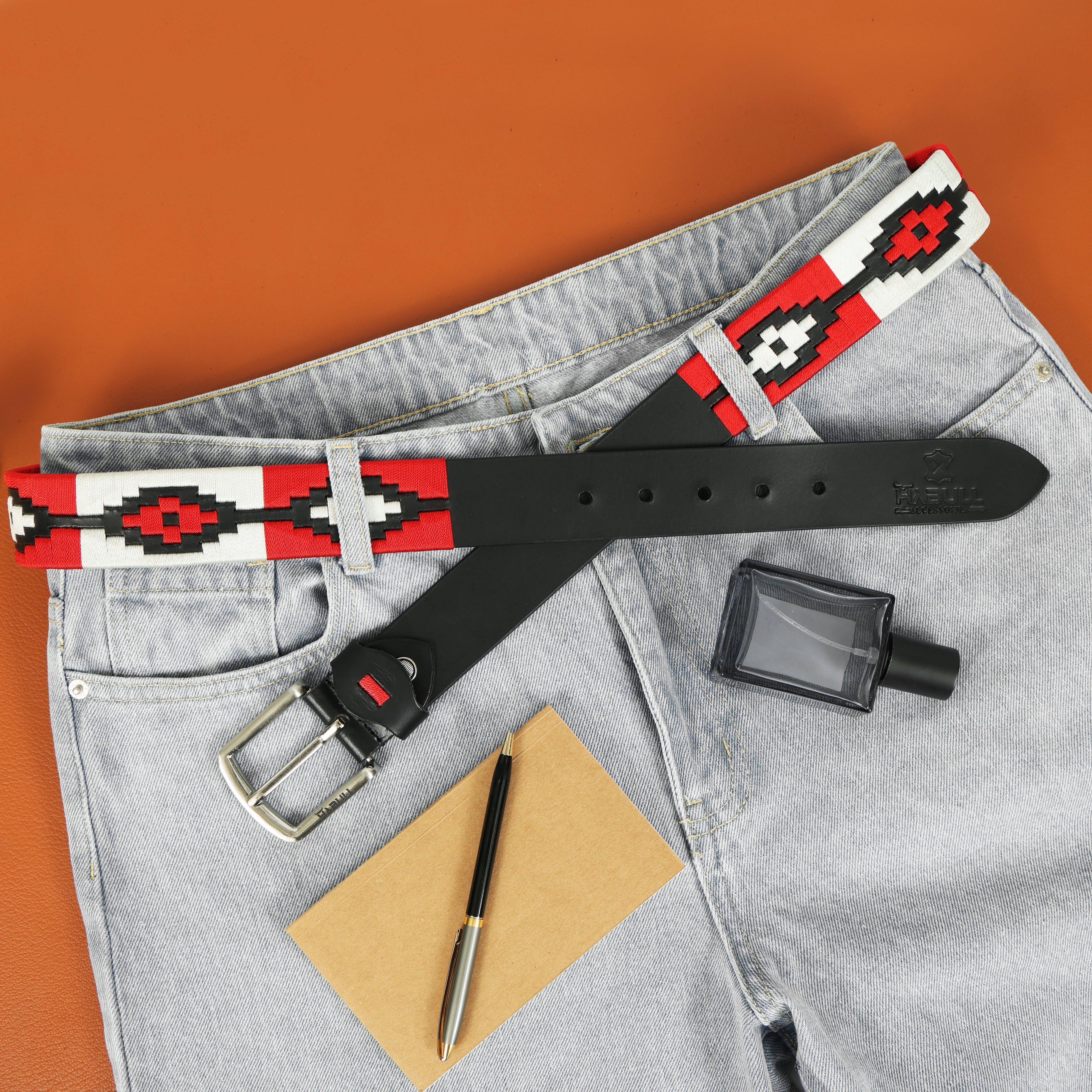 Handcrafted Black Leather Polo Belt with Red & White Stitching | Metal Buckle | Premium Handmade Belt + Free Matching Keyring