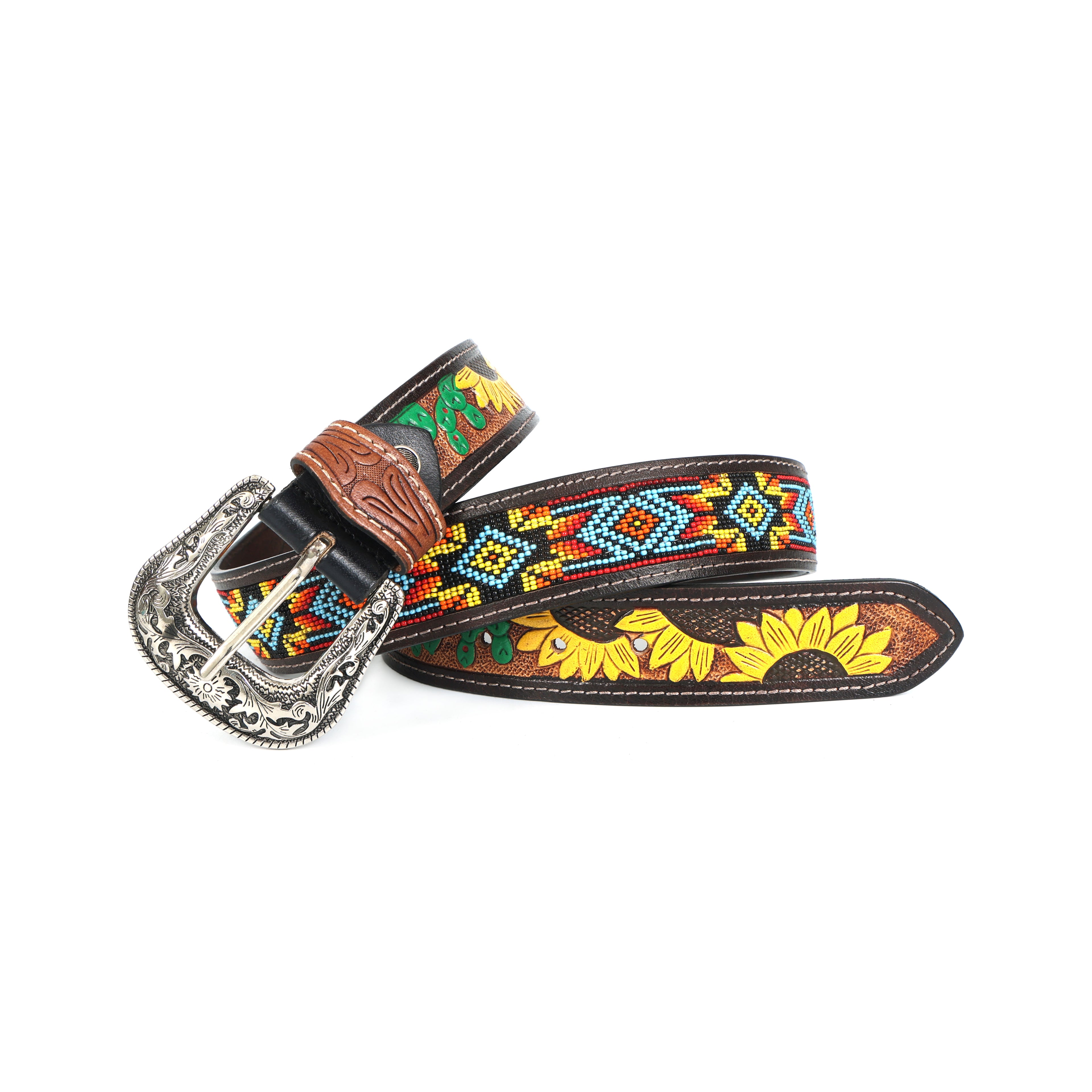 Handcrafted Beaded & Tooled Leather Belt – Sunflower & Tribal Pattern