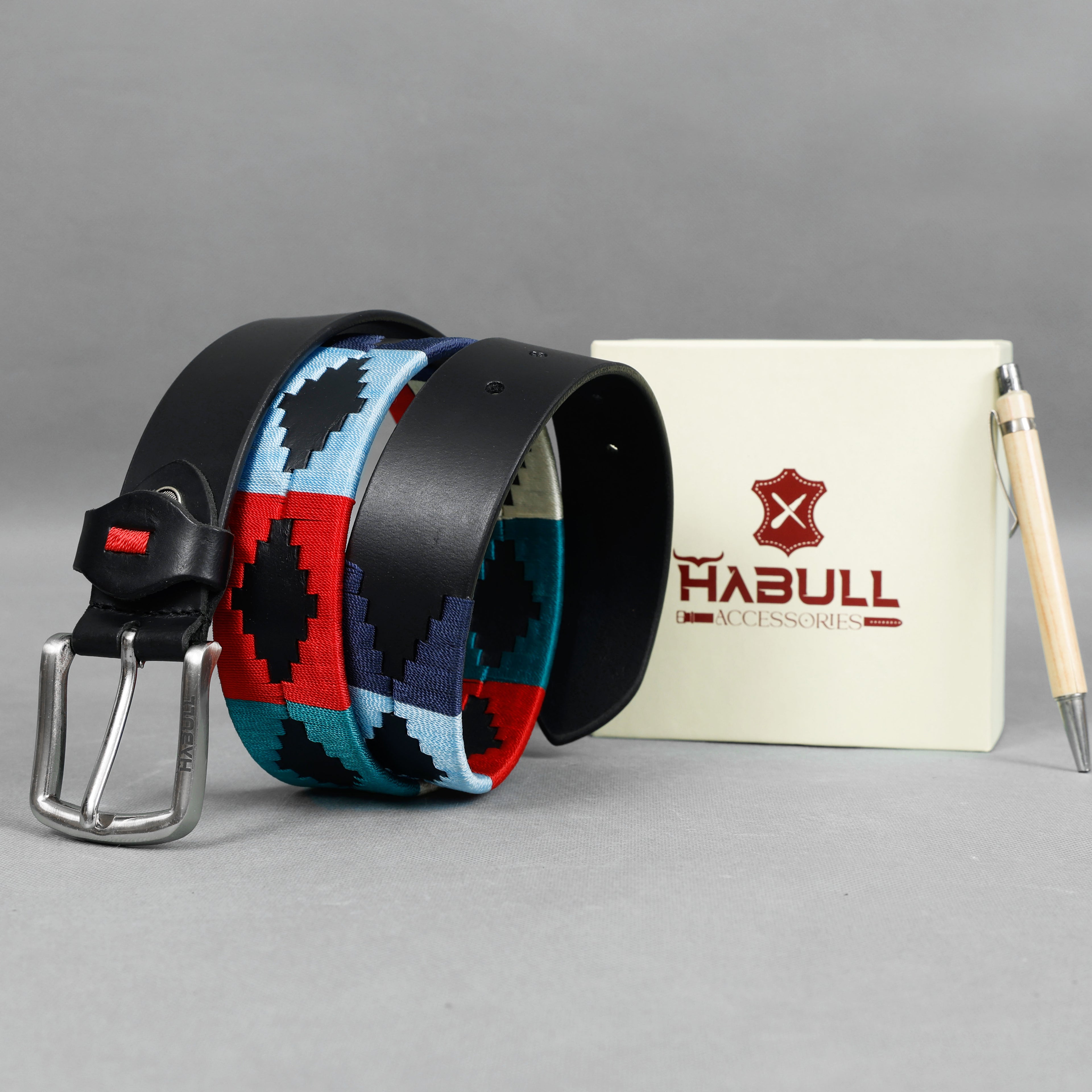 Black Leather Polo Belt with Multicolor Thread Embroidery – Handmade & Premium