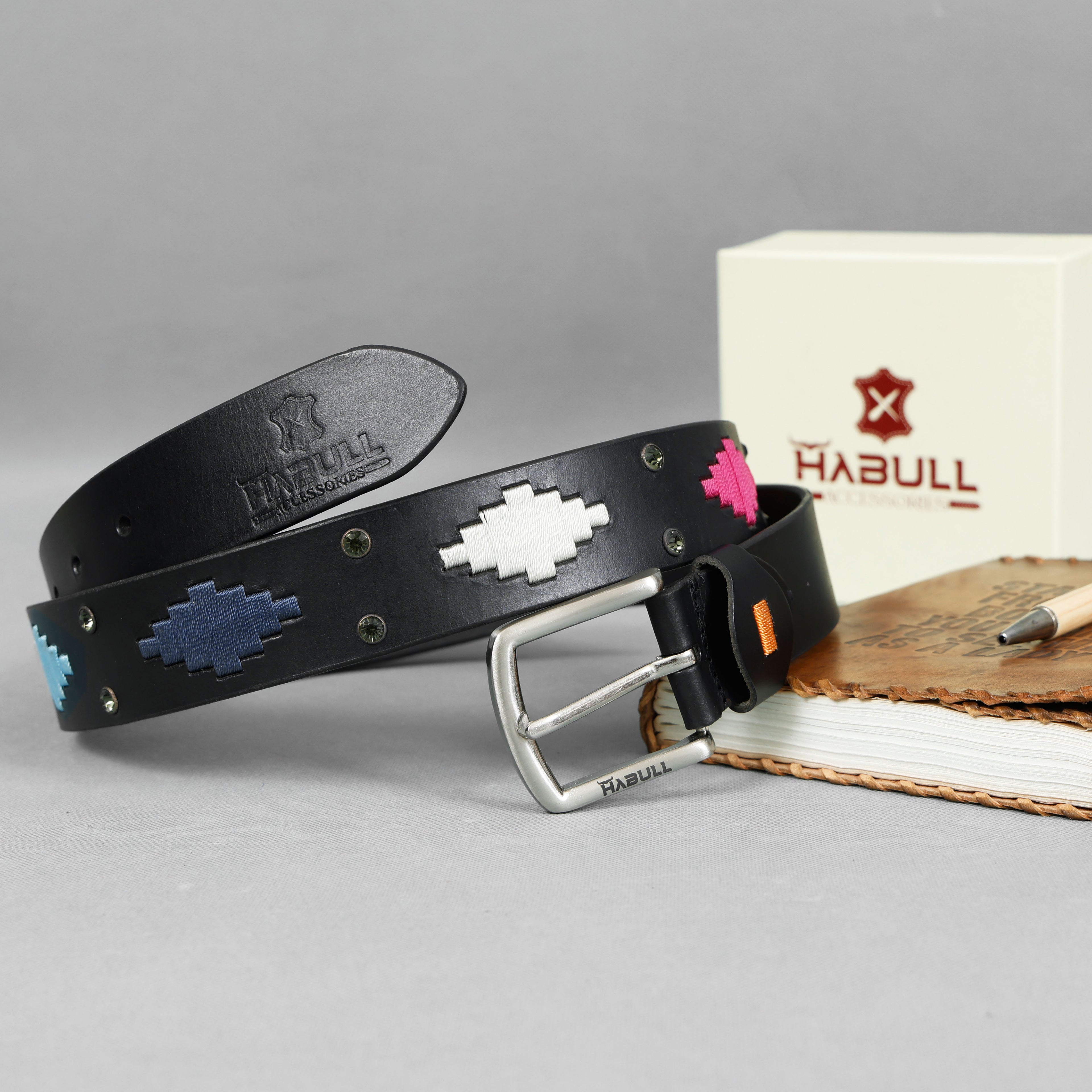Black Polo Leather Belt with Colorful Thread Embroidery & Metal Stud Accents