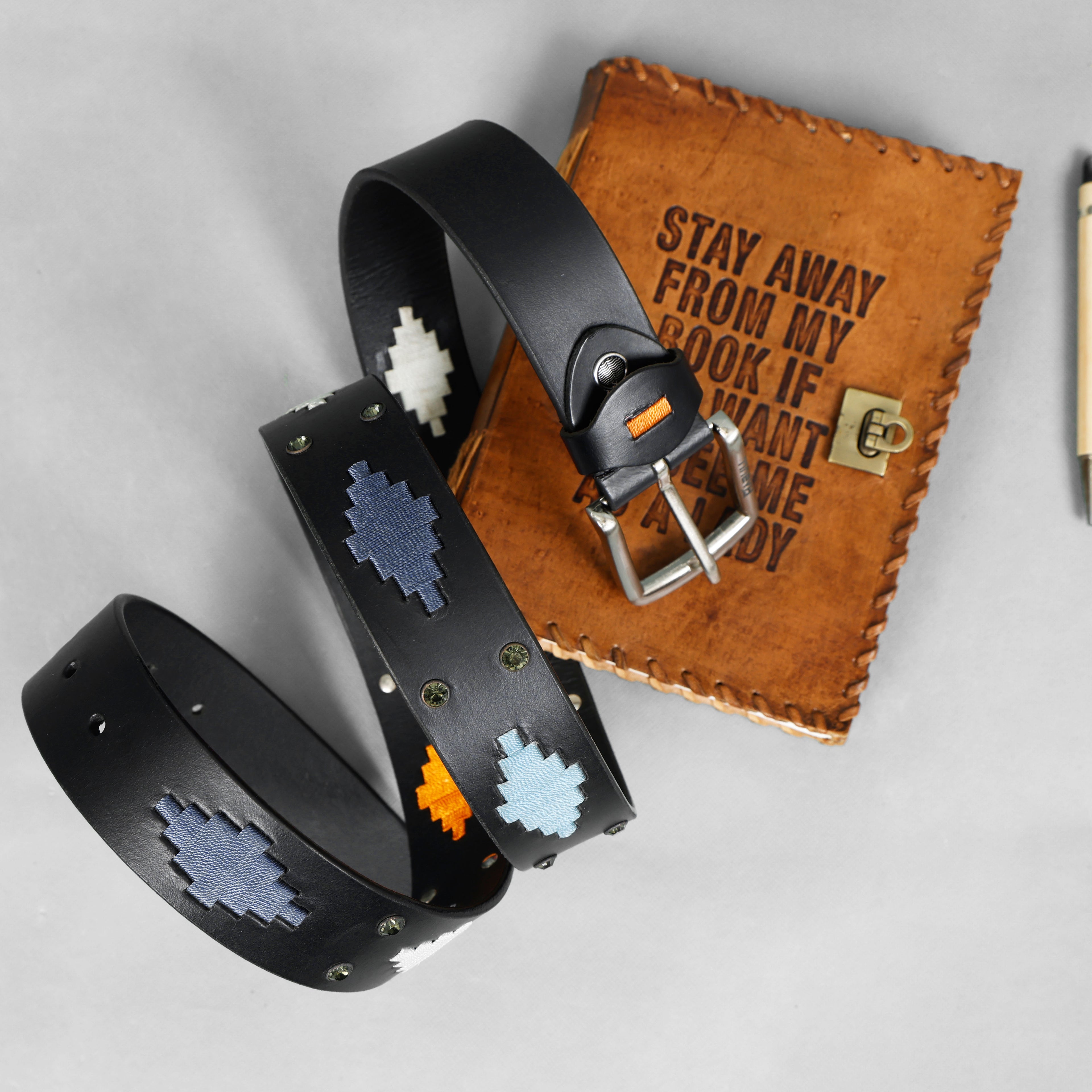 Black Polo Leather Belt with Colorful Thread Embroidery & Metal Stud Accents