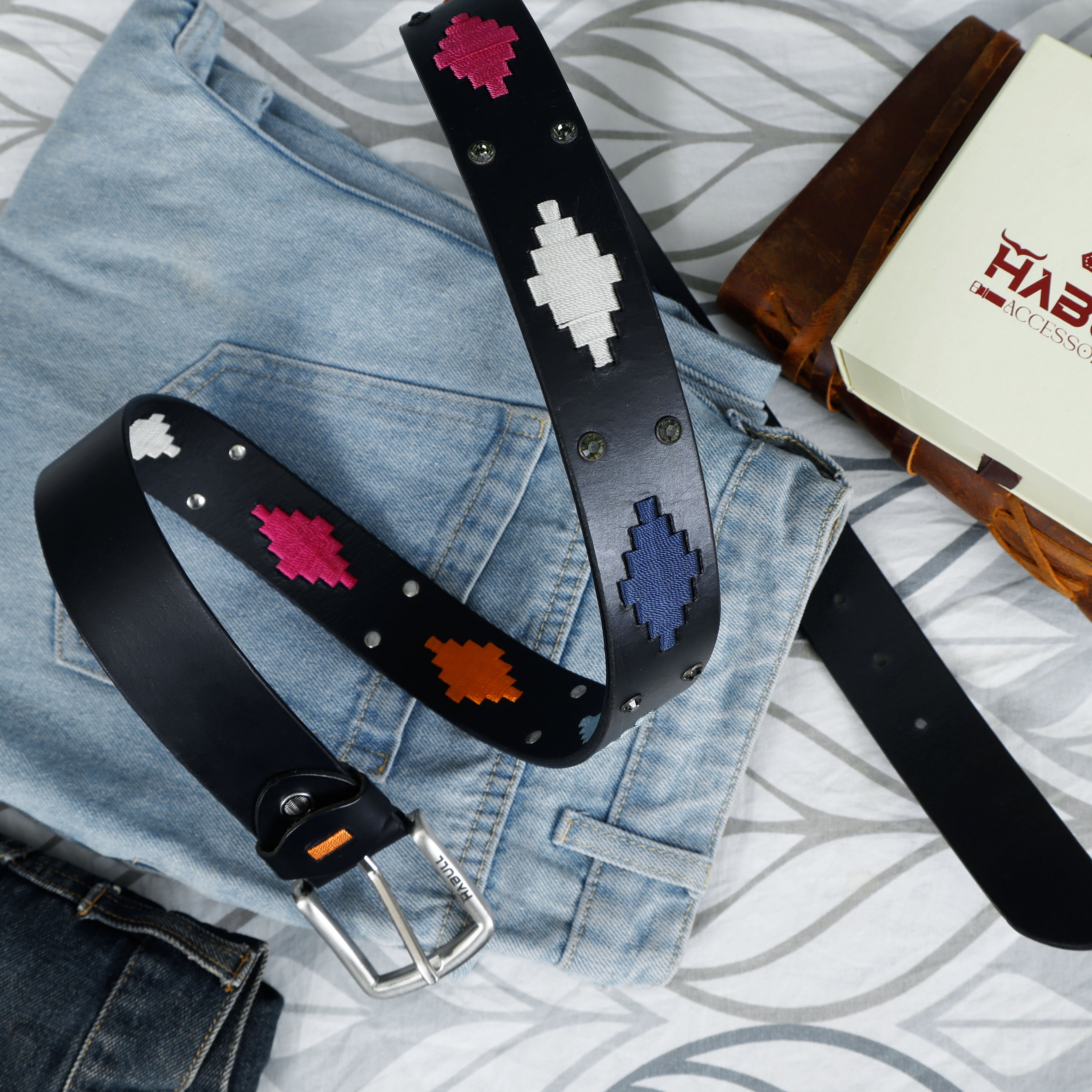 Black Polo Leather Belt with Colorful Thread Embroidery & Metal Stud Accents
