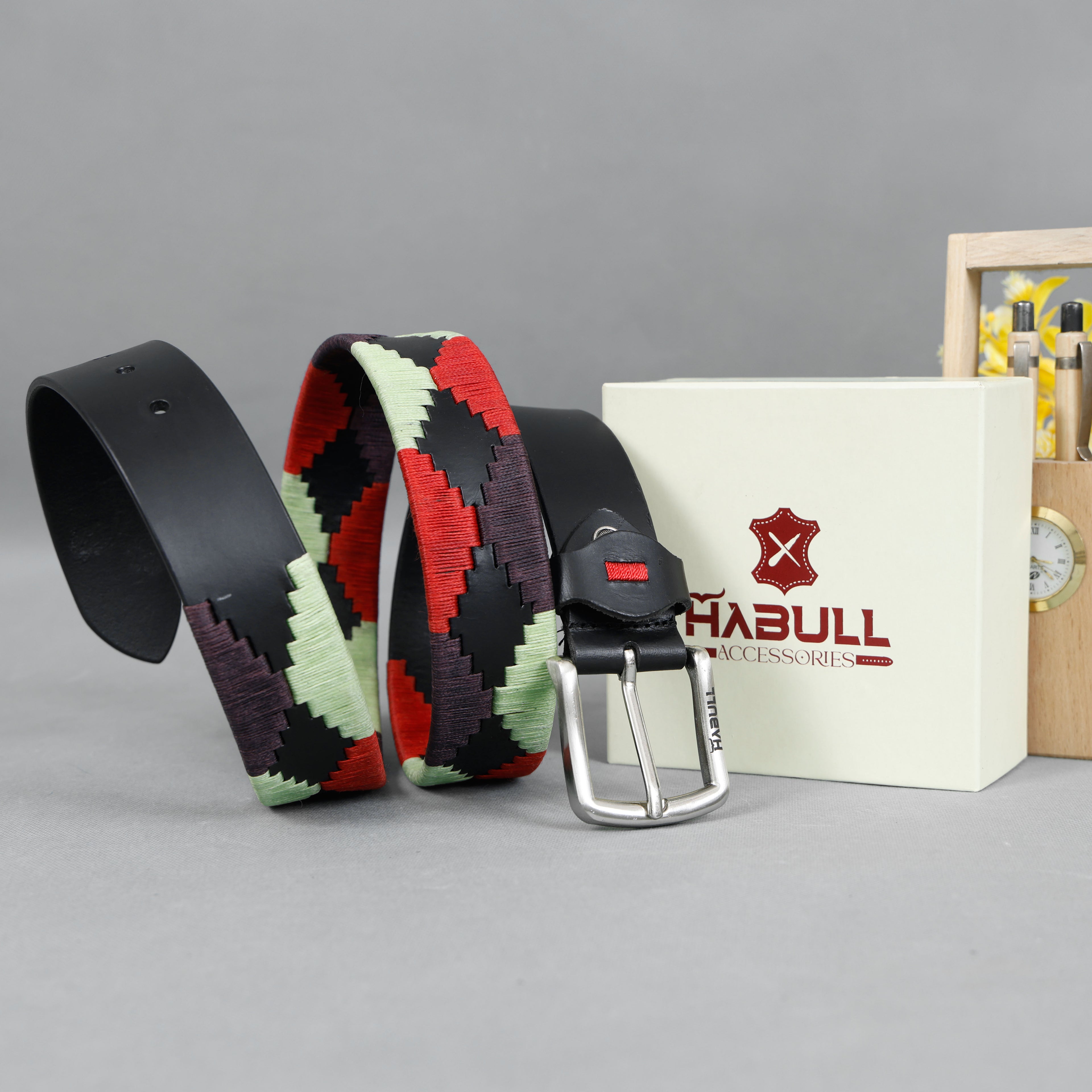 Handcrafted Black Leather Polo Belt with Red, Mint & Maroon Waxy Thread