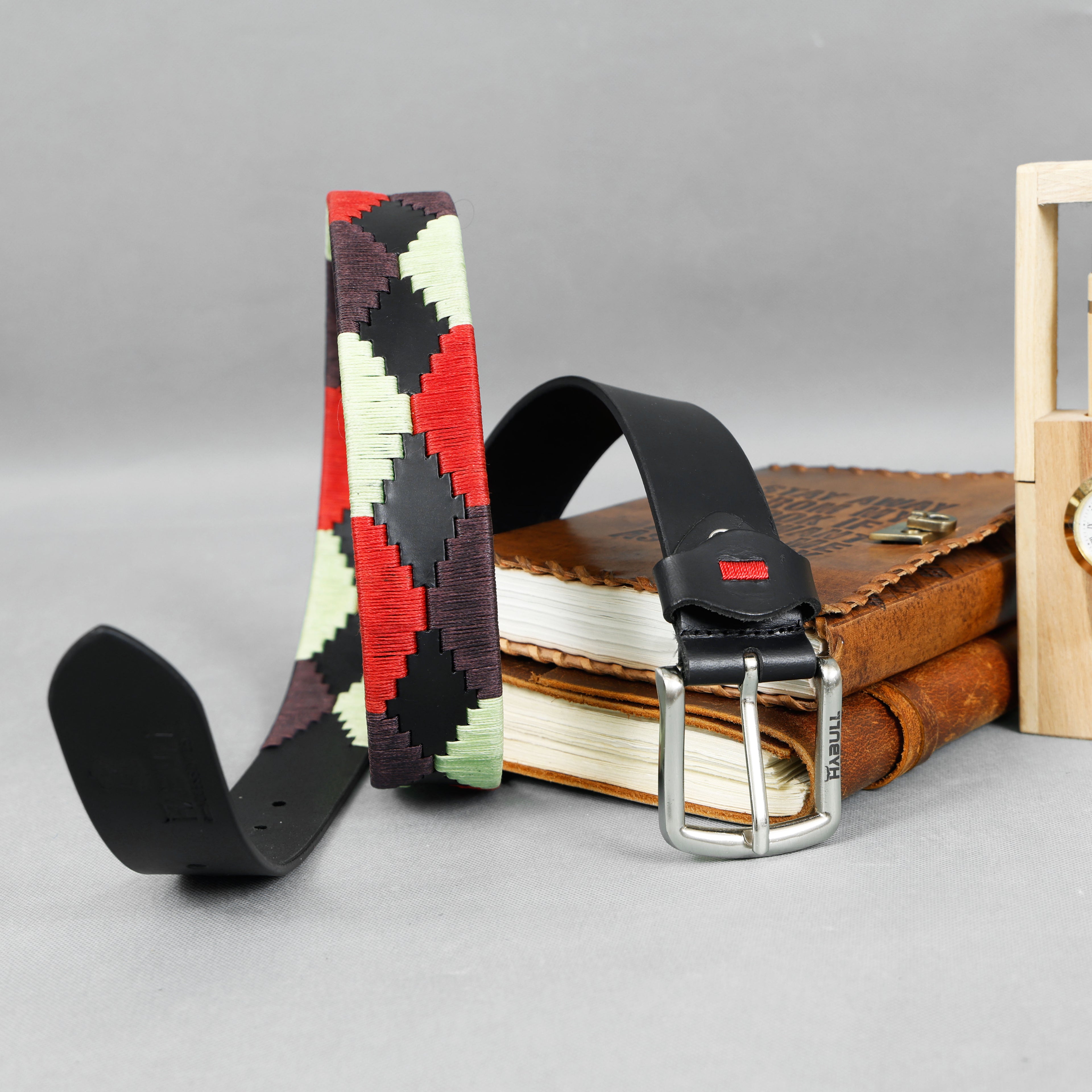 Handcrafted Black Leather Polo Belt with Red, Mint & Maroon Waxy Thread