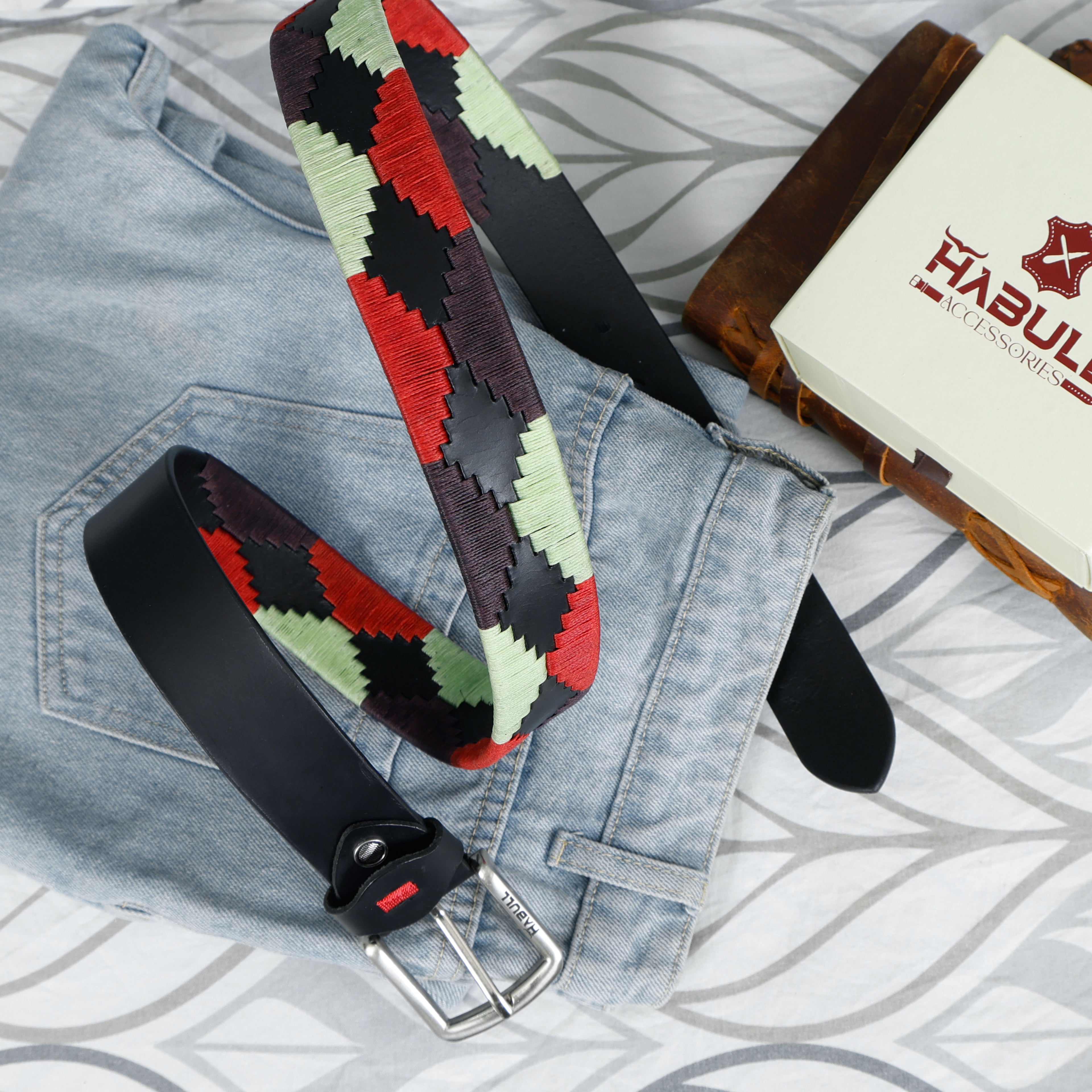 Handcrafted Black Leather Polo Belt with Red, Mint & Maroon Waxy Thread