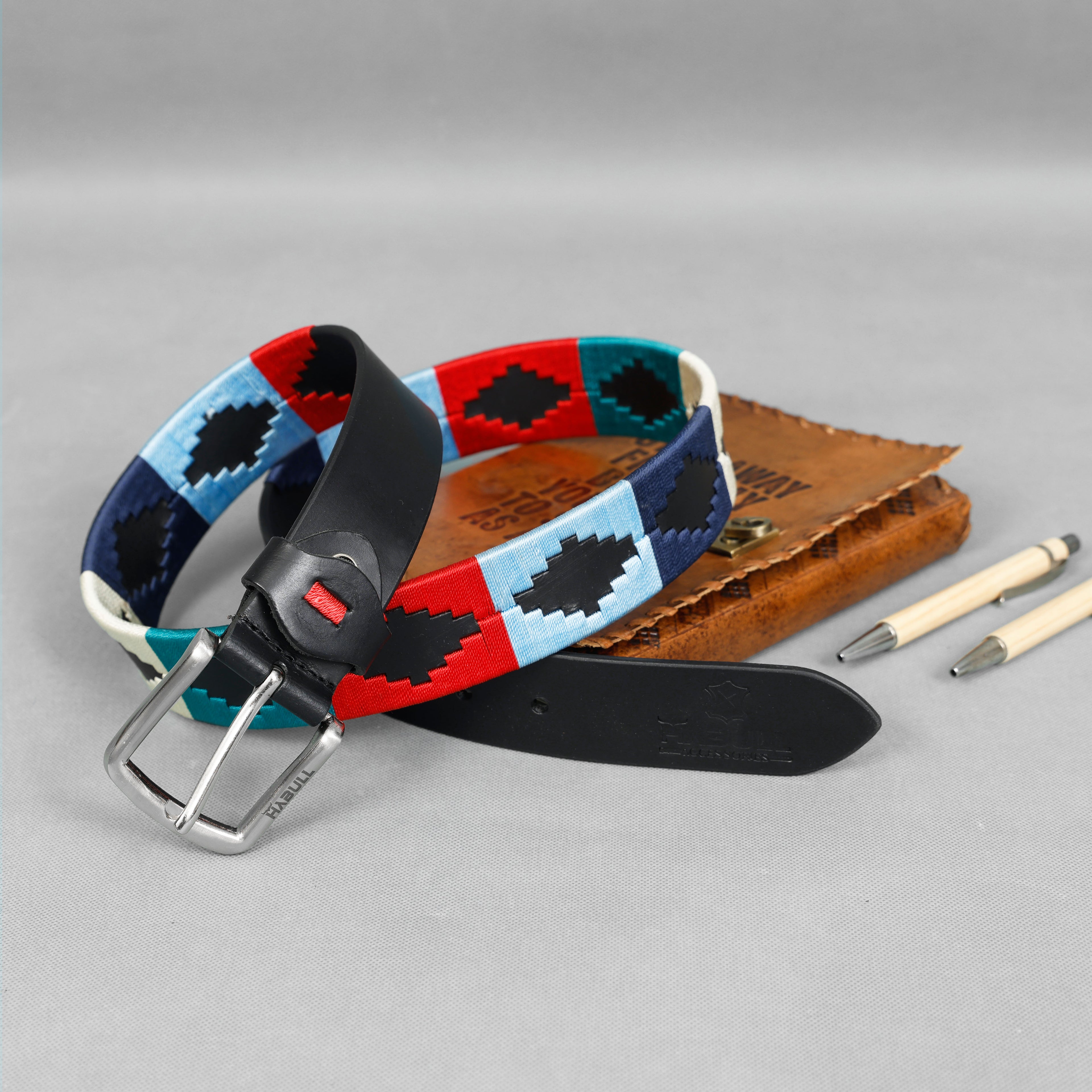 Black Leather Polo Belt with Multicolor Thread Embroidery – Handmade & Premium