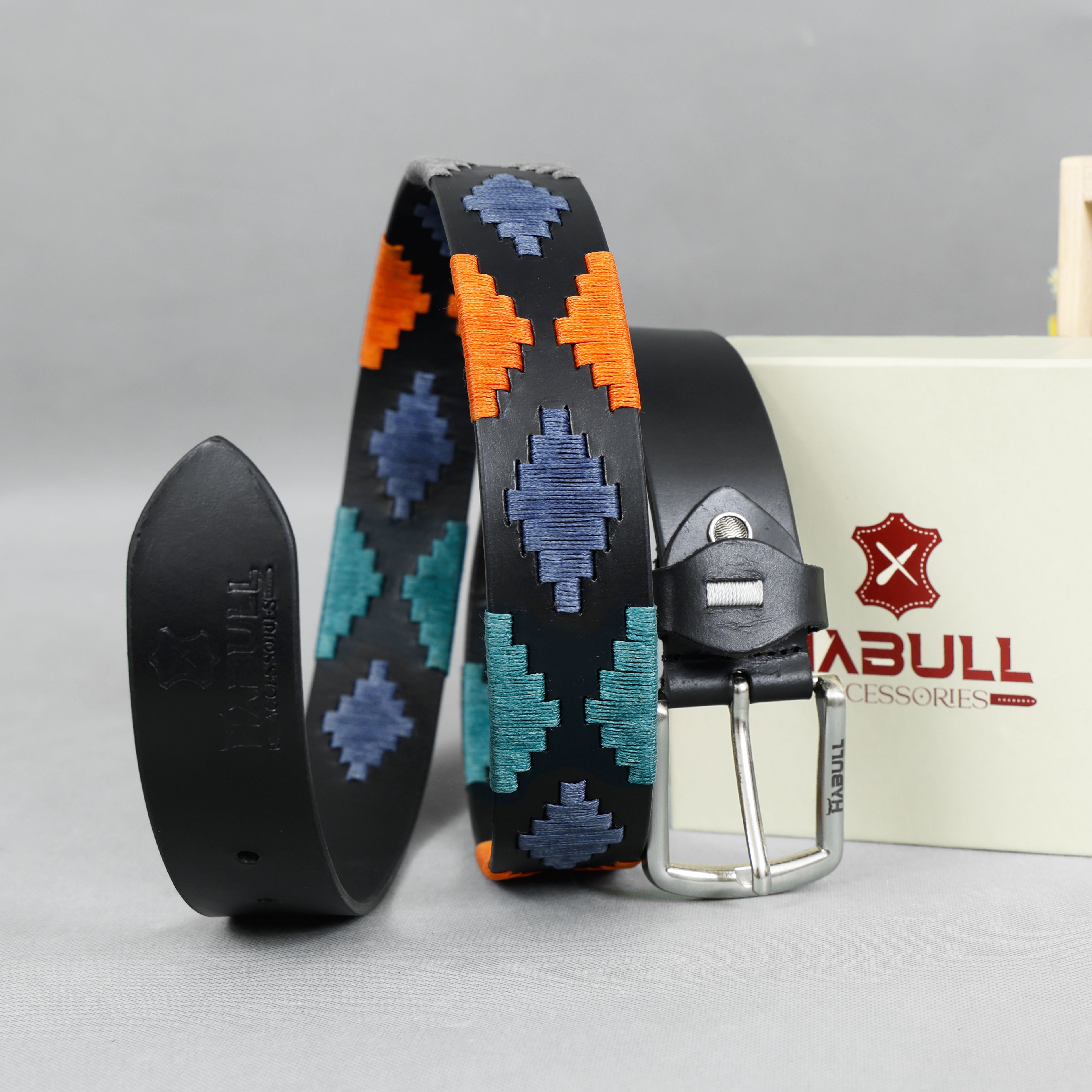 Black Gaucho Leather Belt with Teal, Orange & Navy Waxy Thread Embroidery