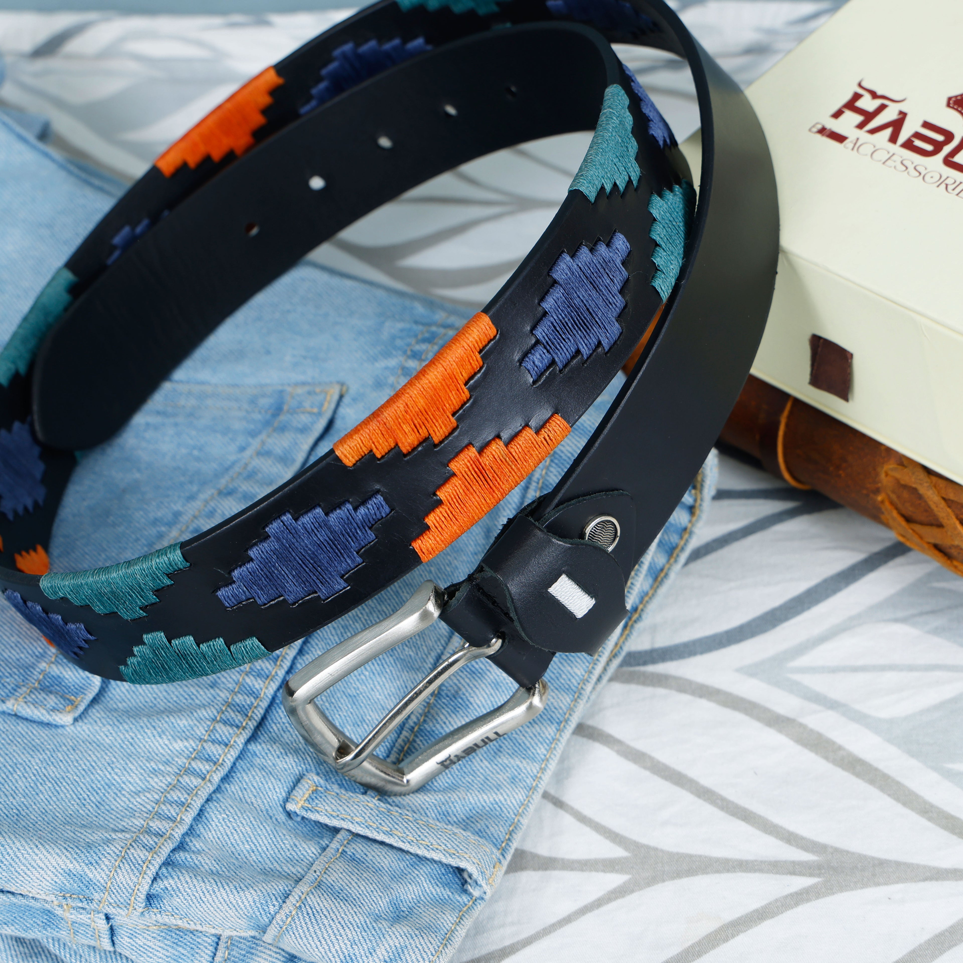 Black Gaucho Leather Belt with Teal, Orange & Navy Waxy Thread Embroidery