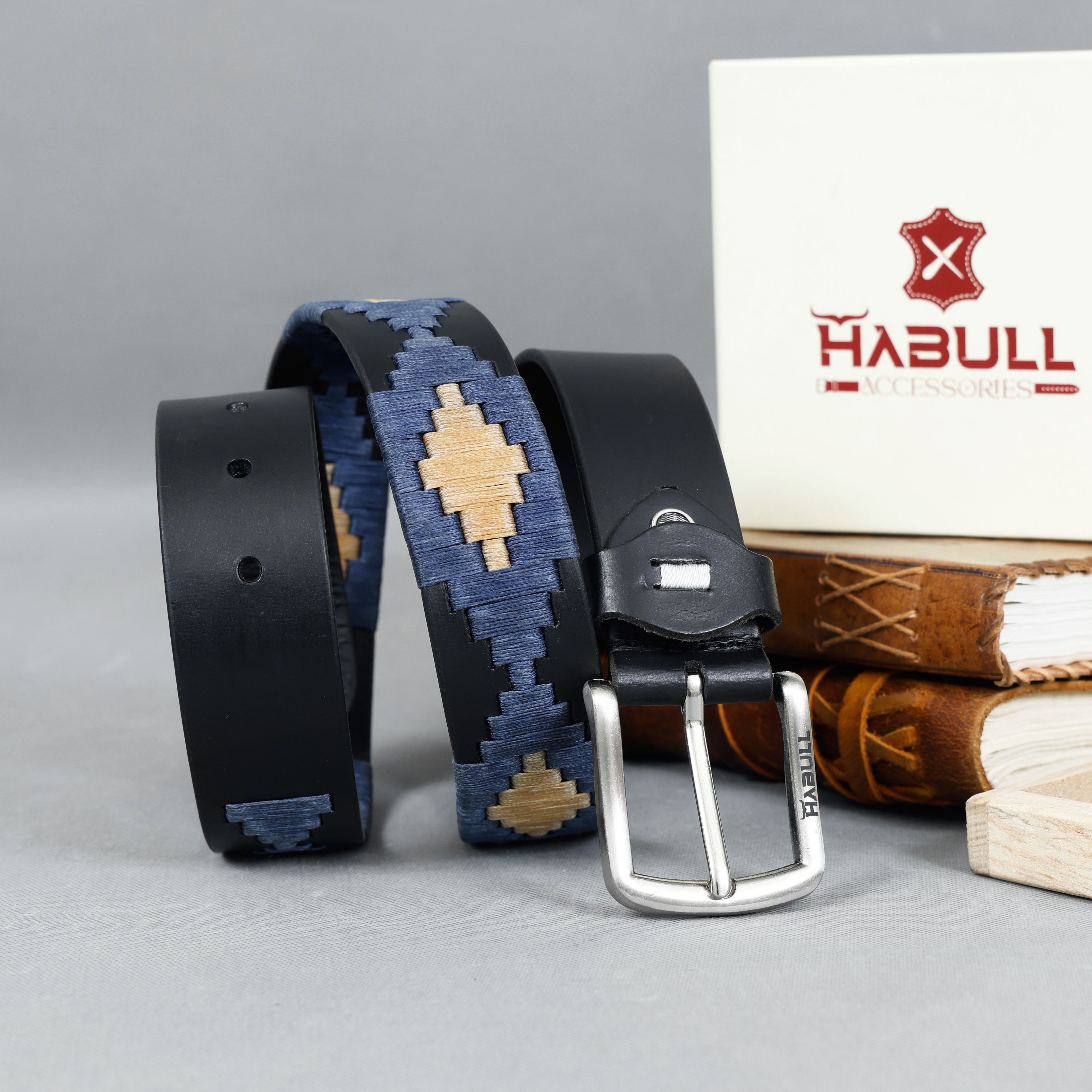 Handcrafted Black Leather Polo Belt with Navy & Beige Waxy Thread Embroidery