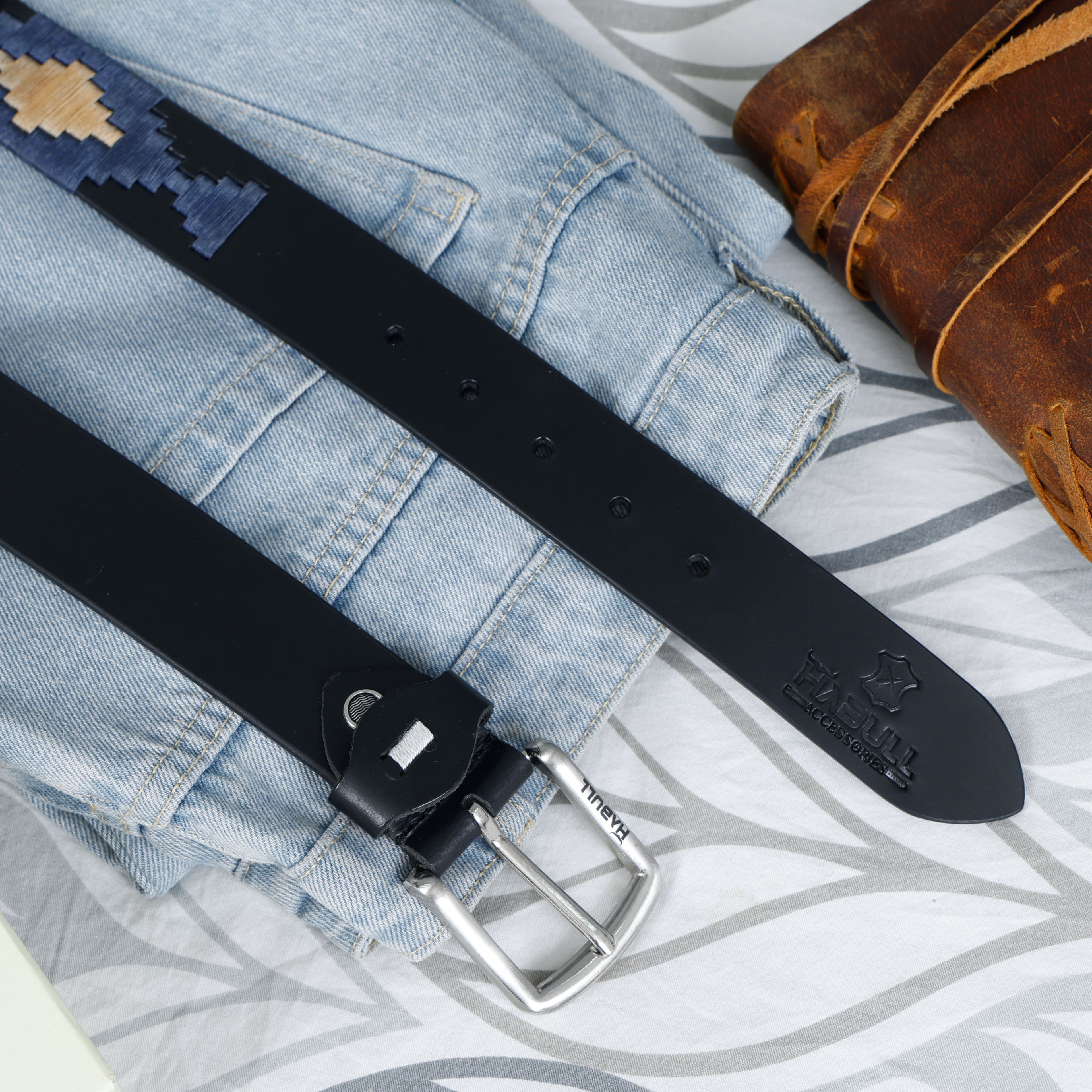 Handcrafted Black Leather Polo Belt with Navy & Beige Waxy Thread Embroidery