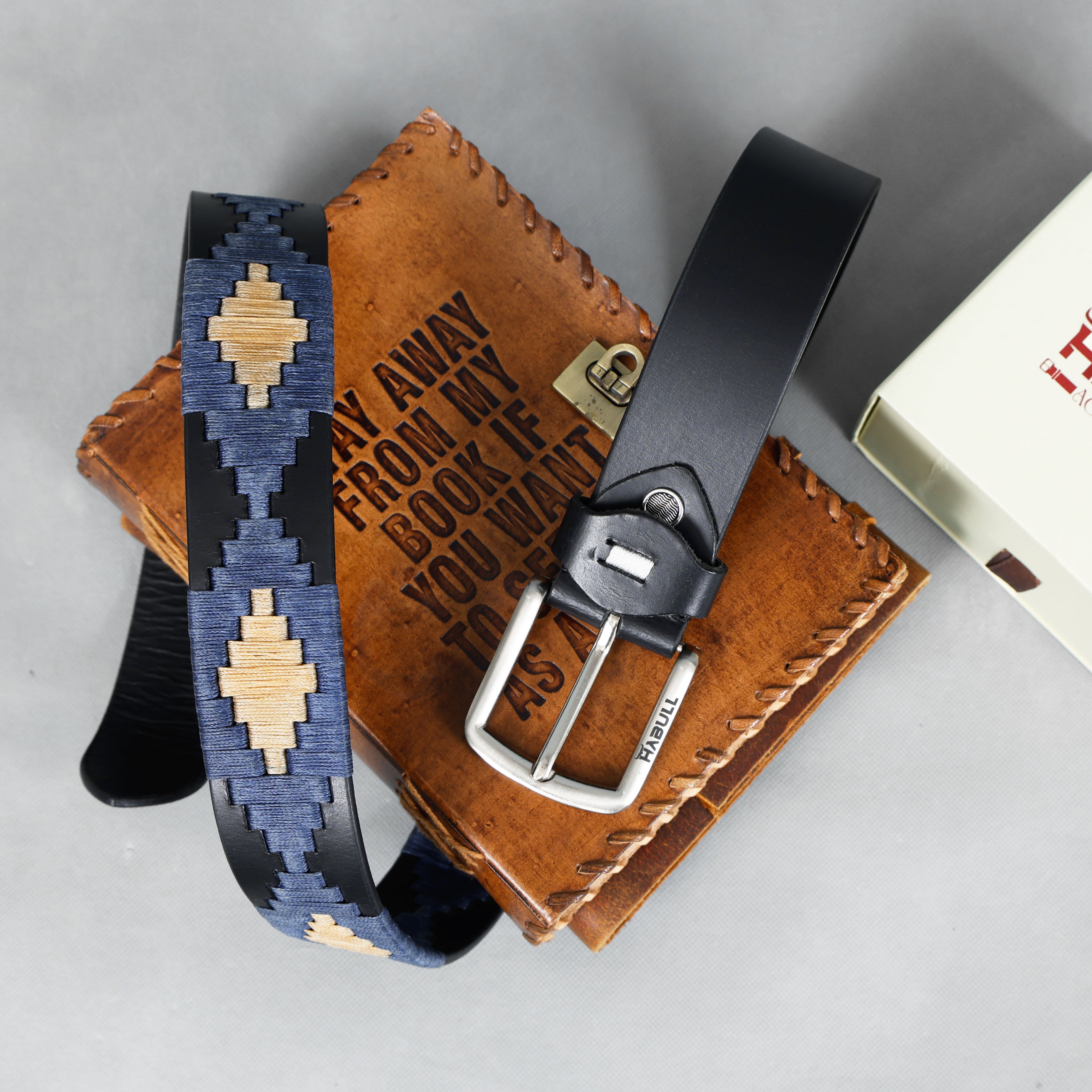 Handcrafted Black Leather Polo Belt with Navy & Beige Waxy Thread Embroidery