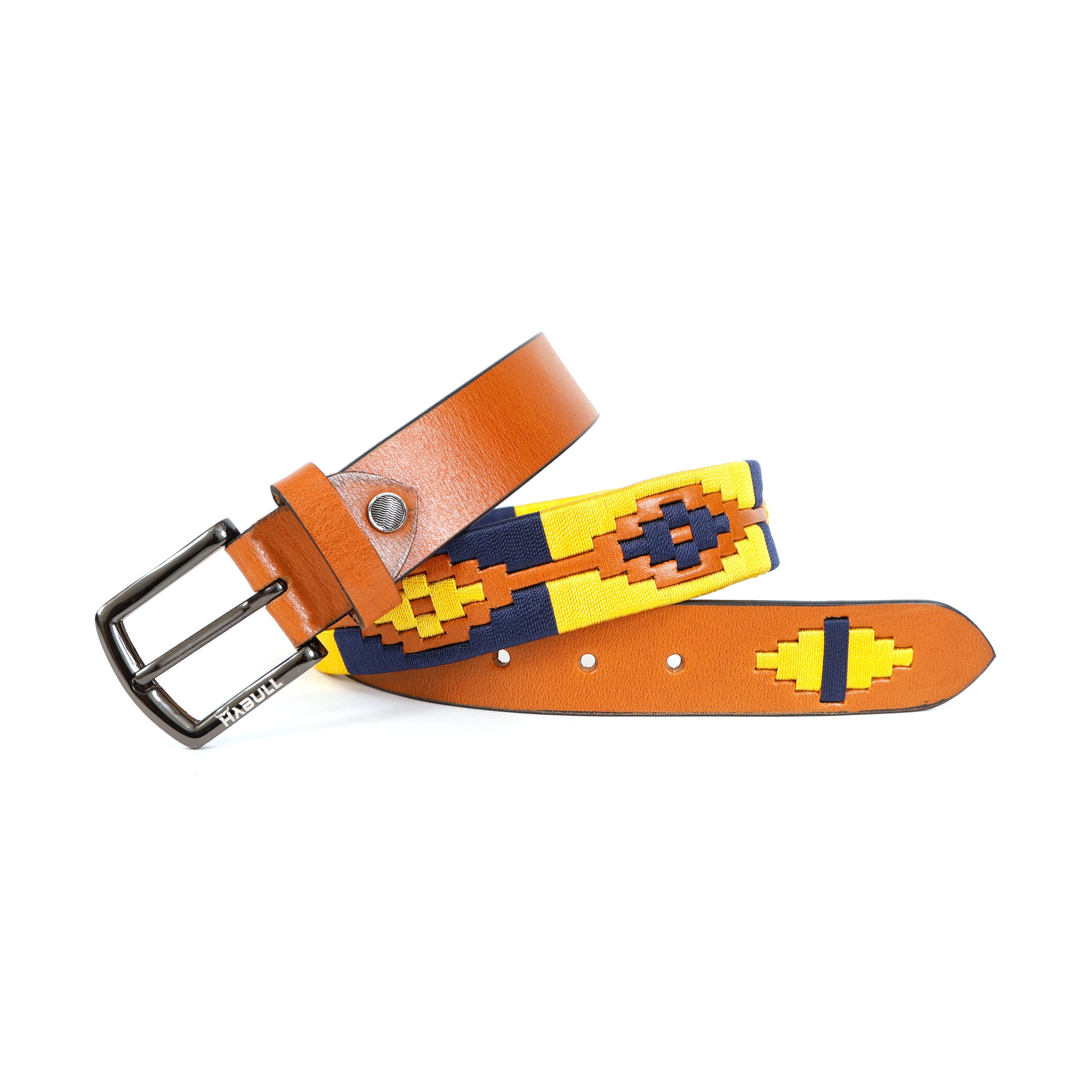 Handcrafted Polo Genuine Leather Belt – Tan Strap with Yellow & Blue Contrast Stitching