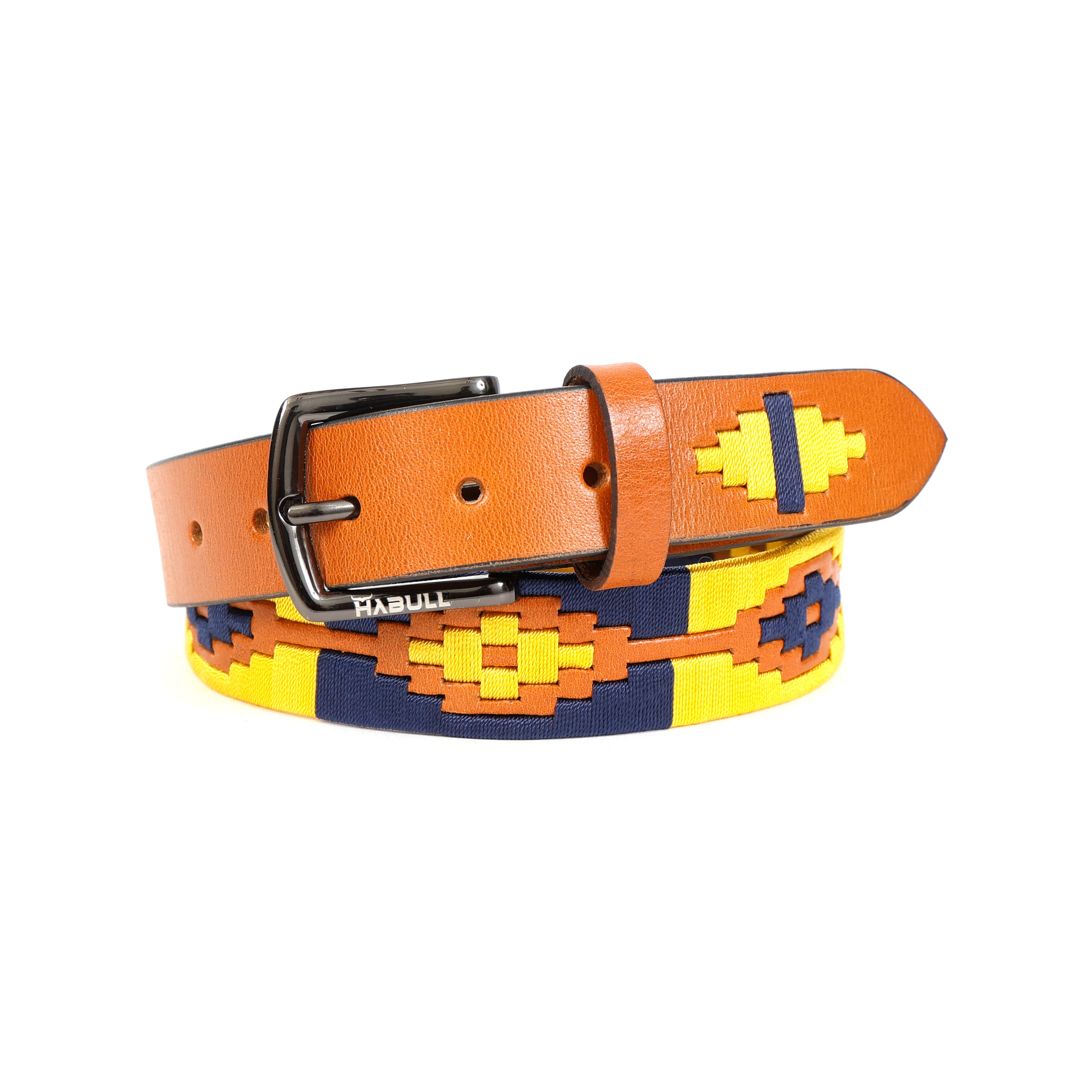 Handcrafted Polo Genuine Leather Belt – Tan Strap with Yellow & Blue Contrast Stitching