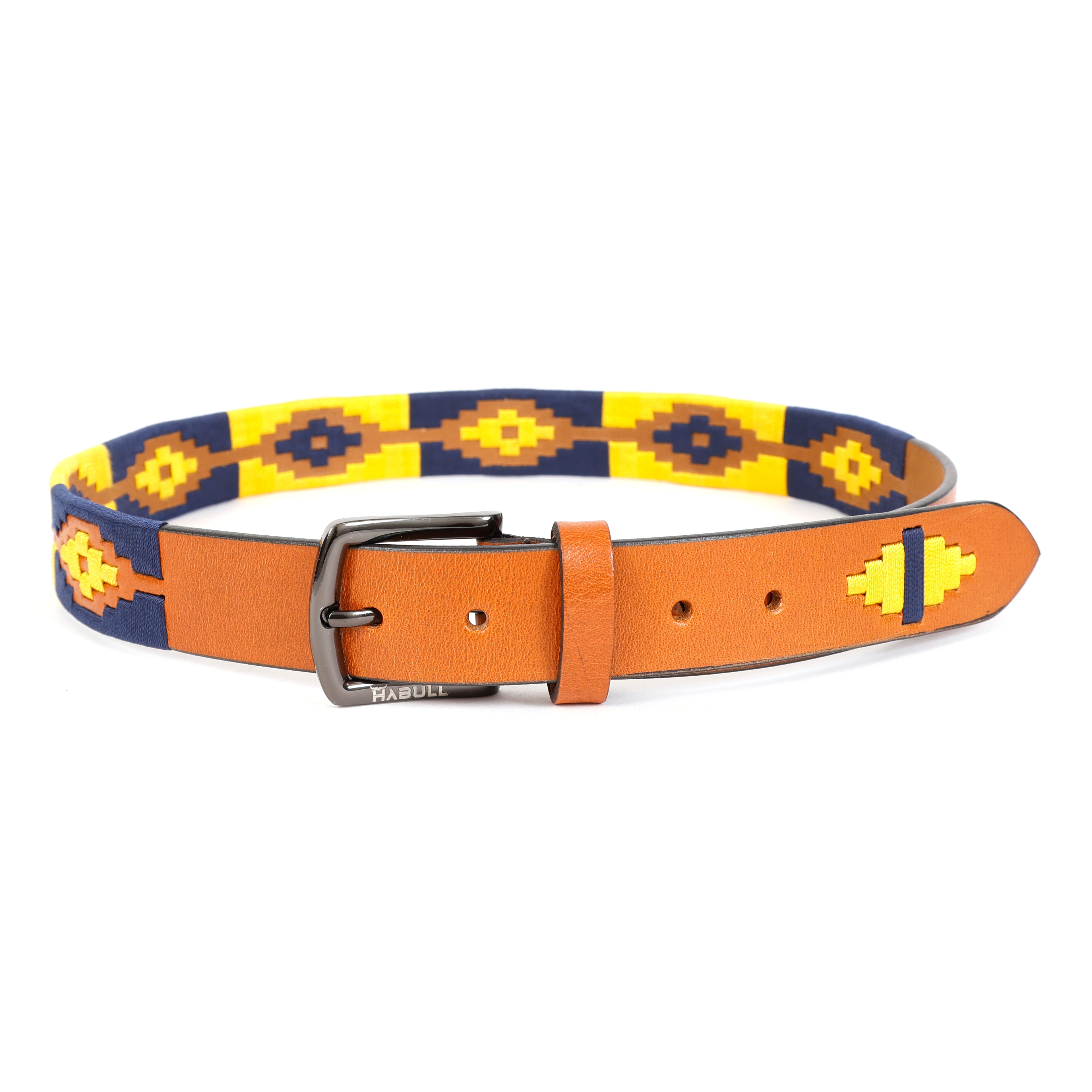 Handcrafted Polo Genuine Leather Belt – Tan Strap with Yellow & Blue Contrast Stitching