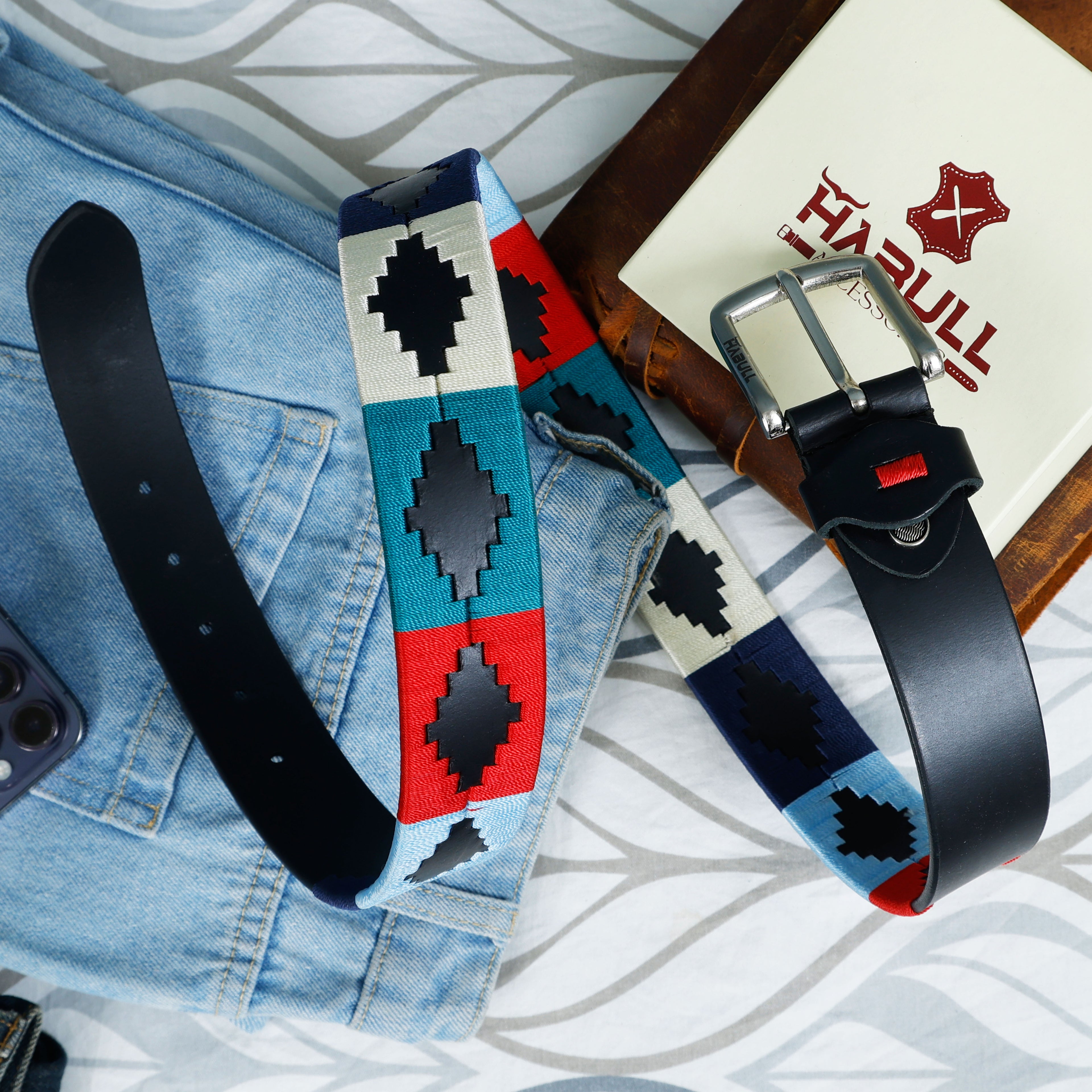 Black Leather Polo Belt with Multicolor Thread Embroidery – Handmade & Premium