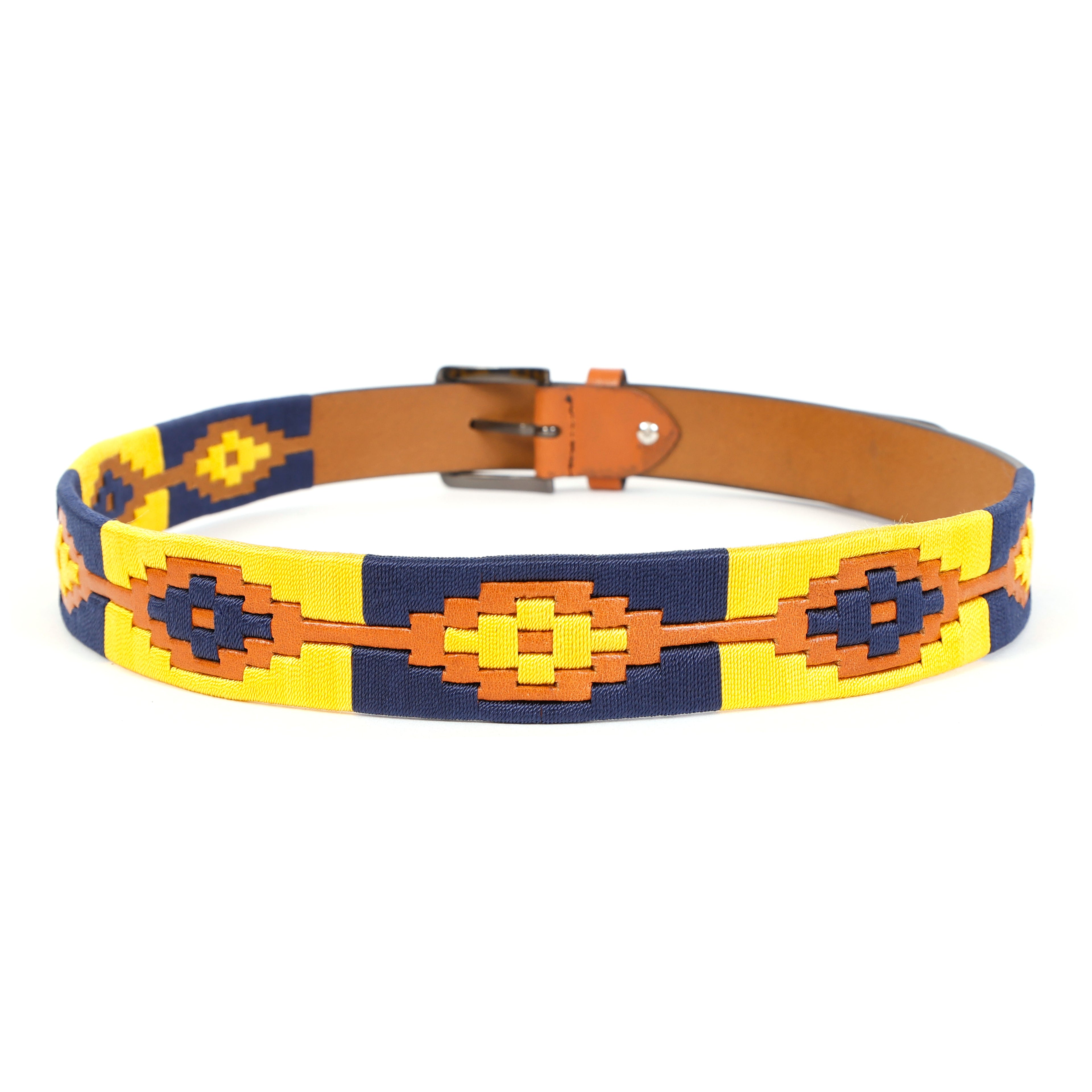 Handcrafted Polo Genuine Leather Belt – Tan Strap with Yellow & Blue Contrast Stitching