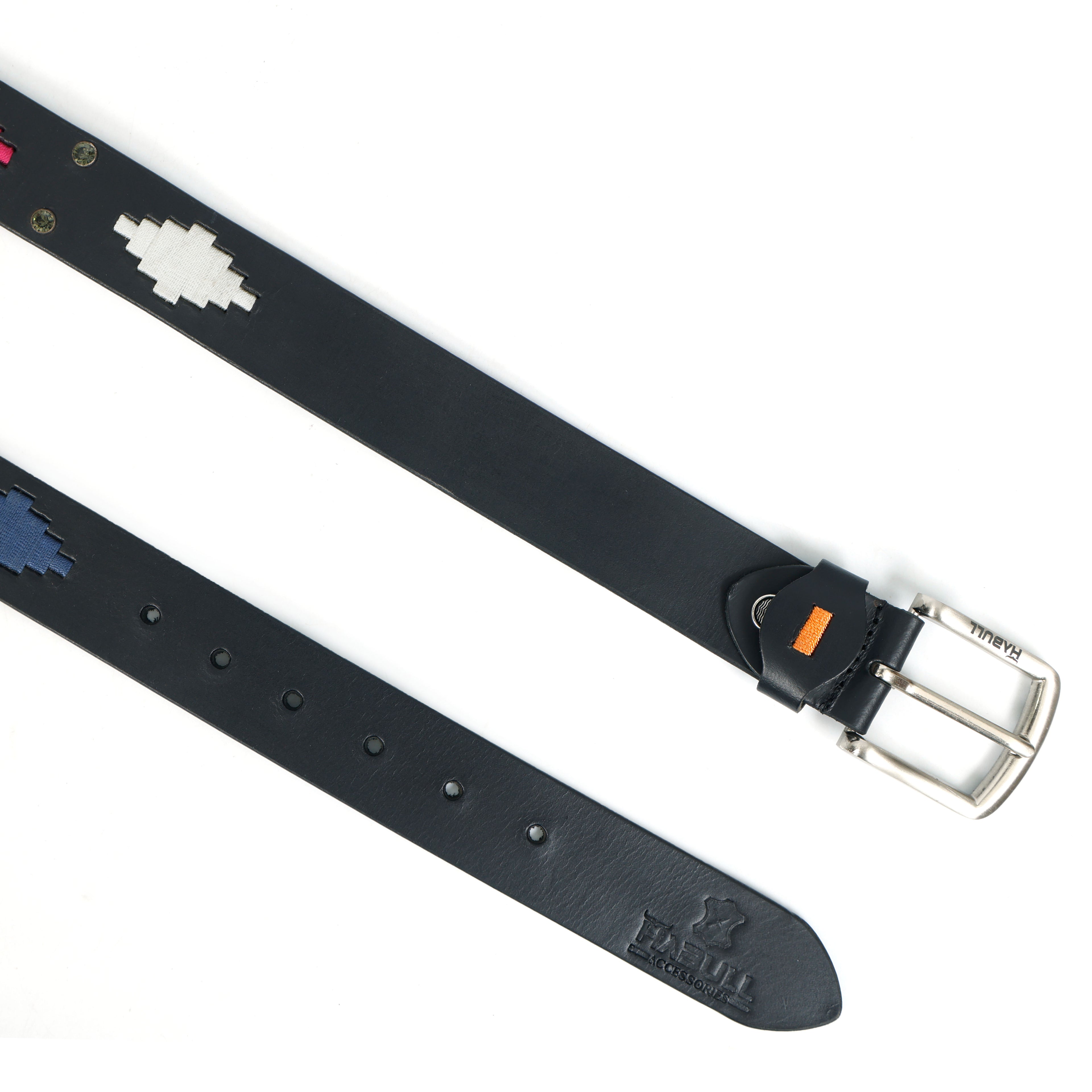 Black Polo Leather Belt with Colorful Thread Embroidery & Metal Stud Accents