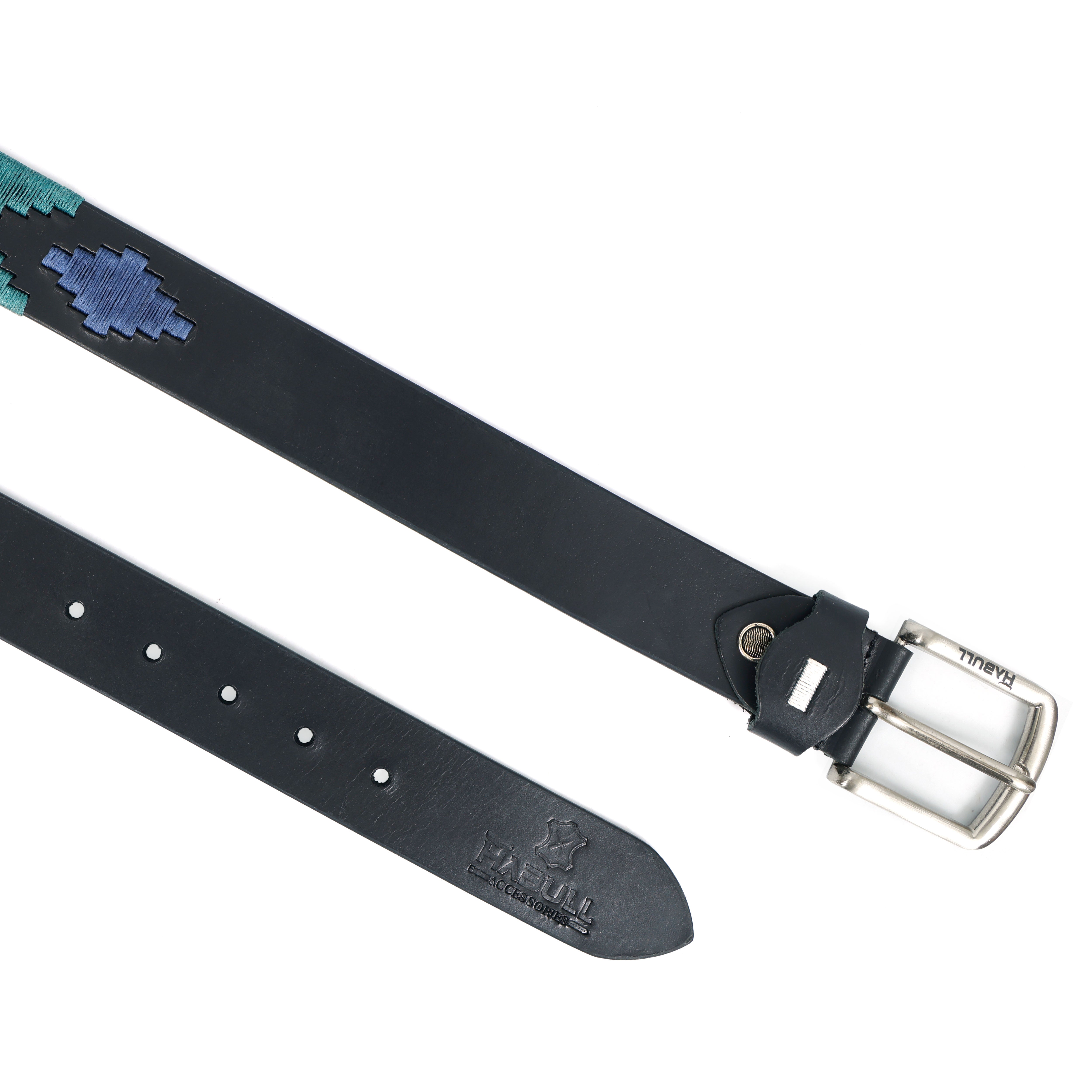 Black Gaucho Leather Belt with Teal, Orange & Navy Waxy Thread