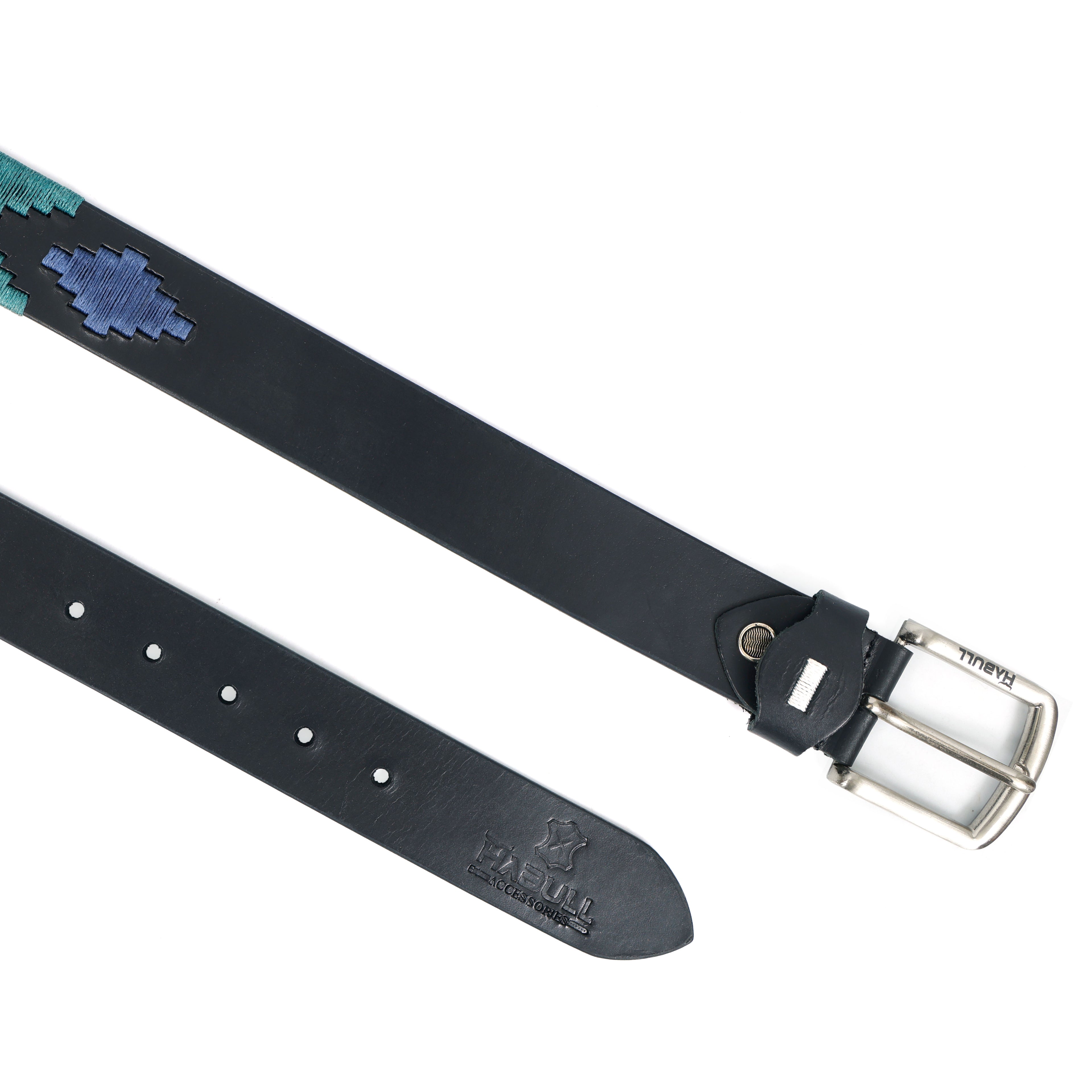 Black Gaucho Leather Belt with Teal, Orange & Navy Waxy Thread Embroidery