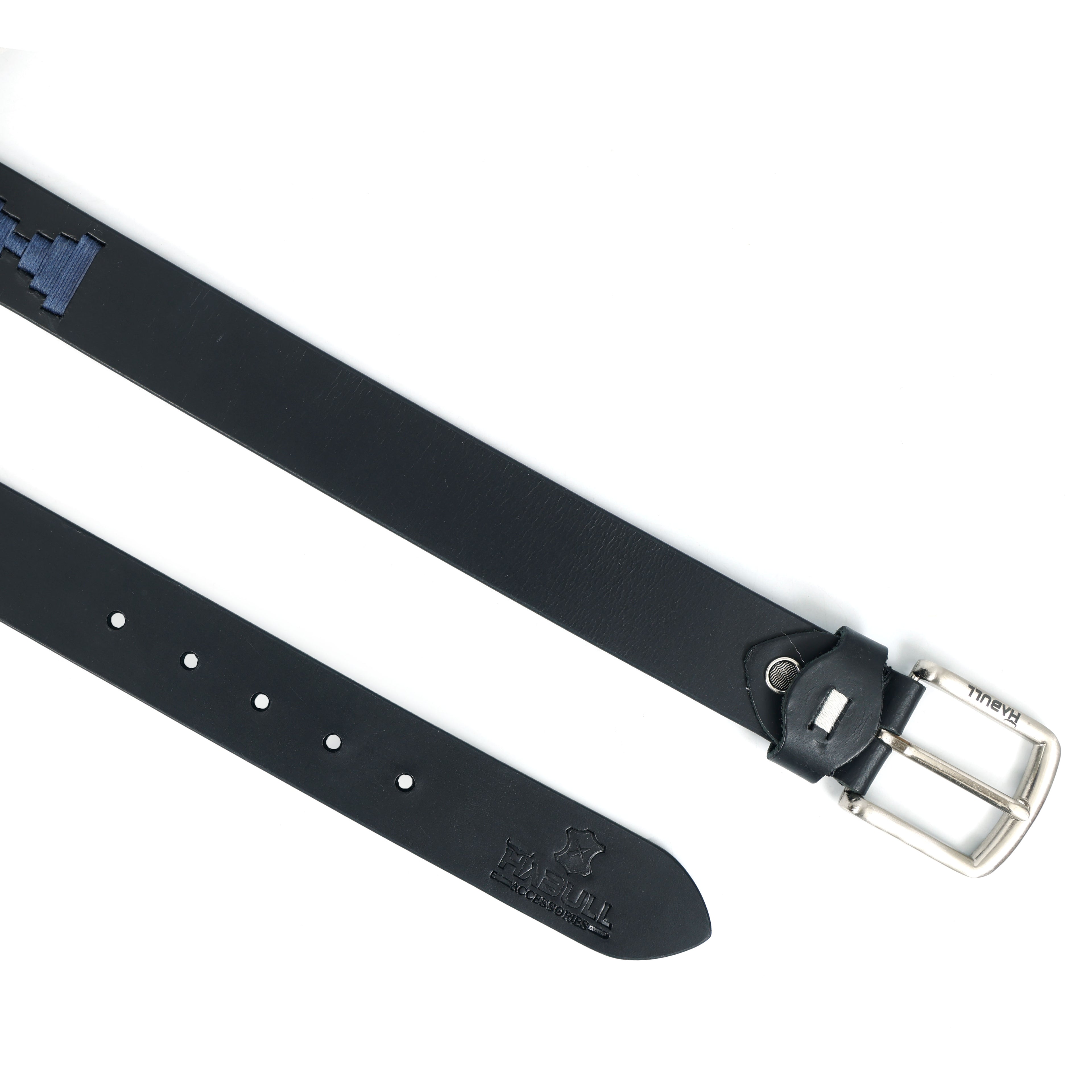 Handcrafted Black Leather Polo Belt with Navy & Beige Waxy Thread Embroidery