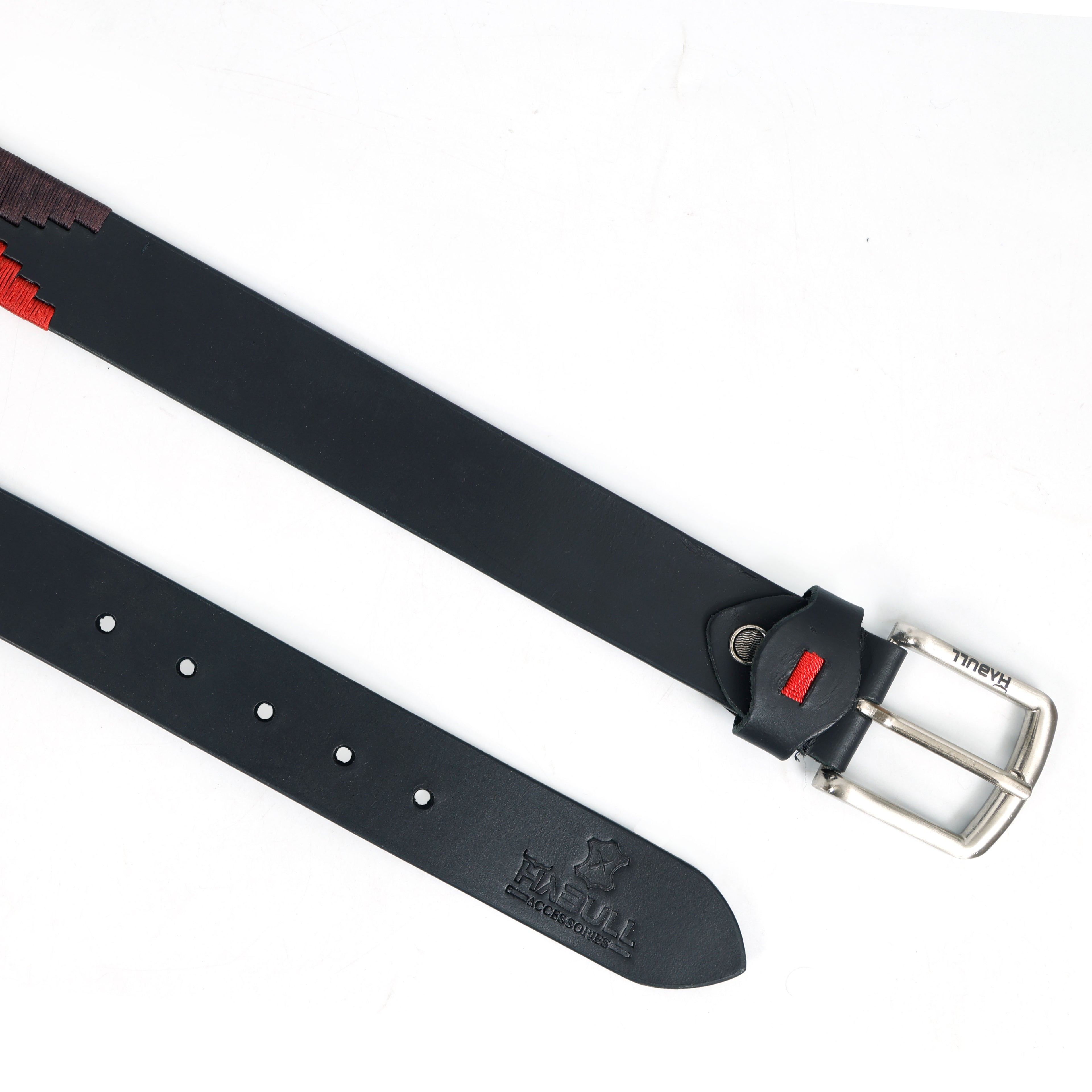 Handcrafted Black Leather Polo Belt with Red, Mint & Maroon Waxy Thread