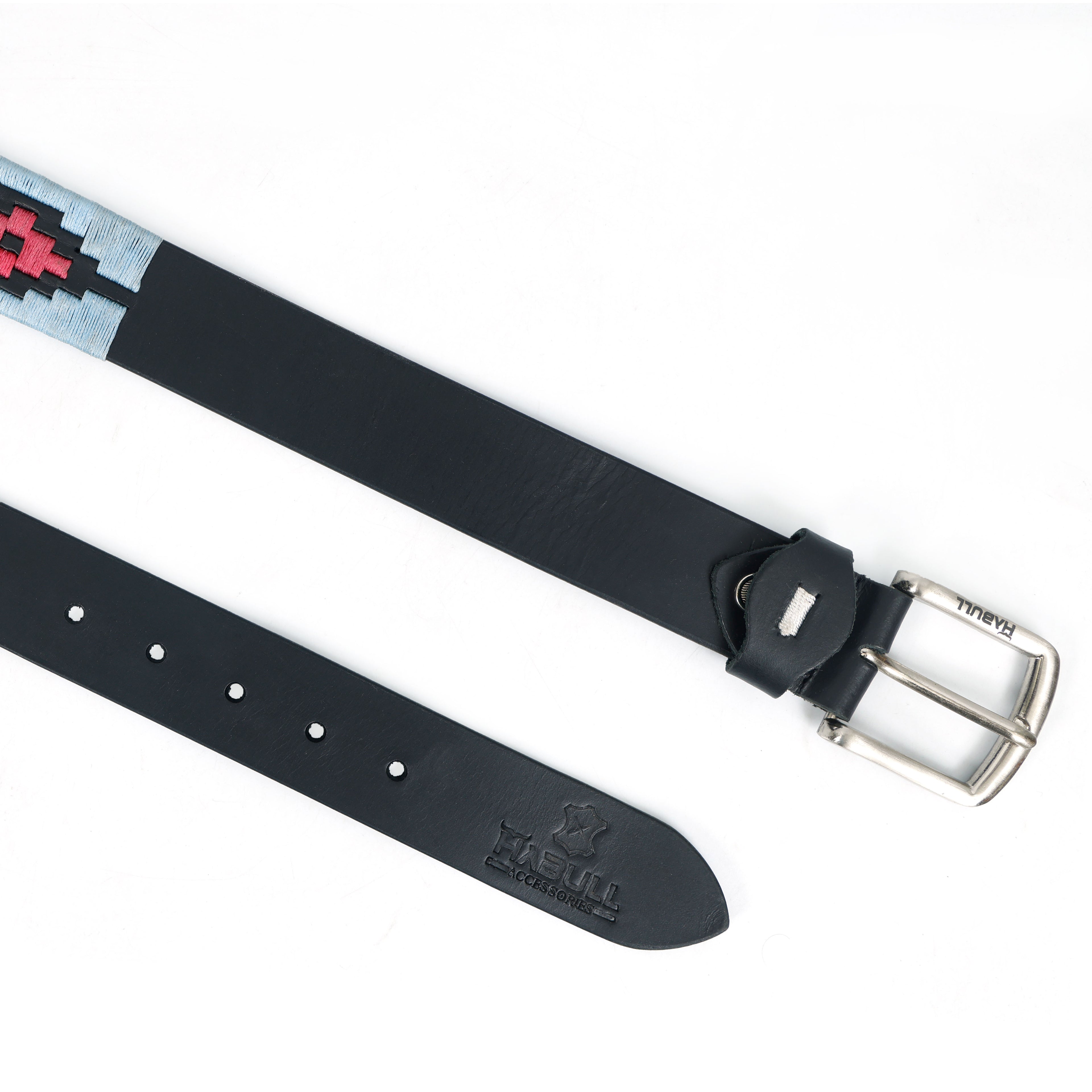 Handcrafted Black Polo Belt with Sky-Blue & Pink Waxy Thread Stitching