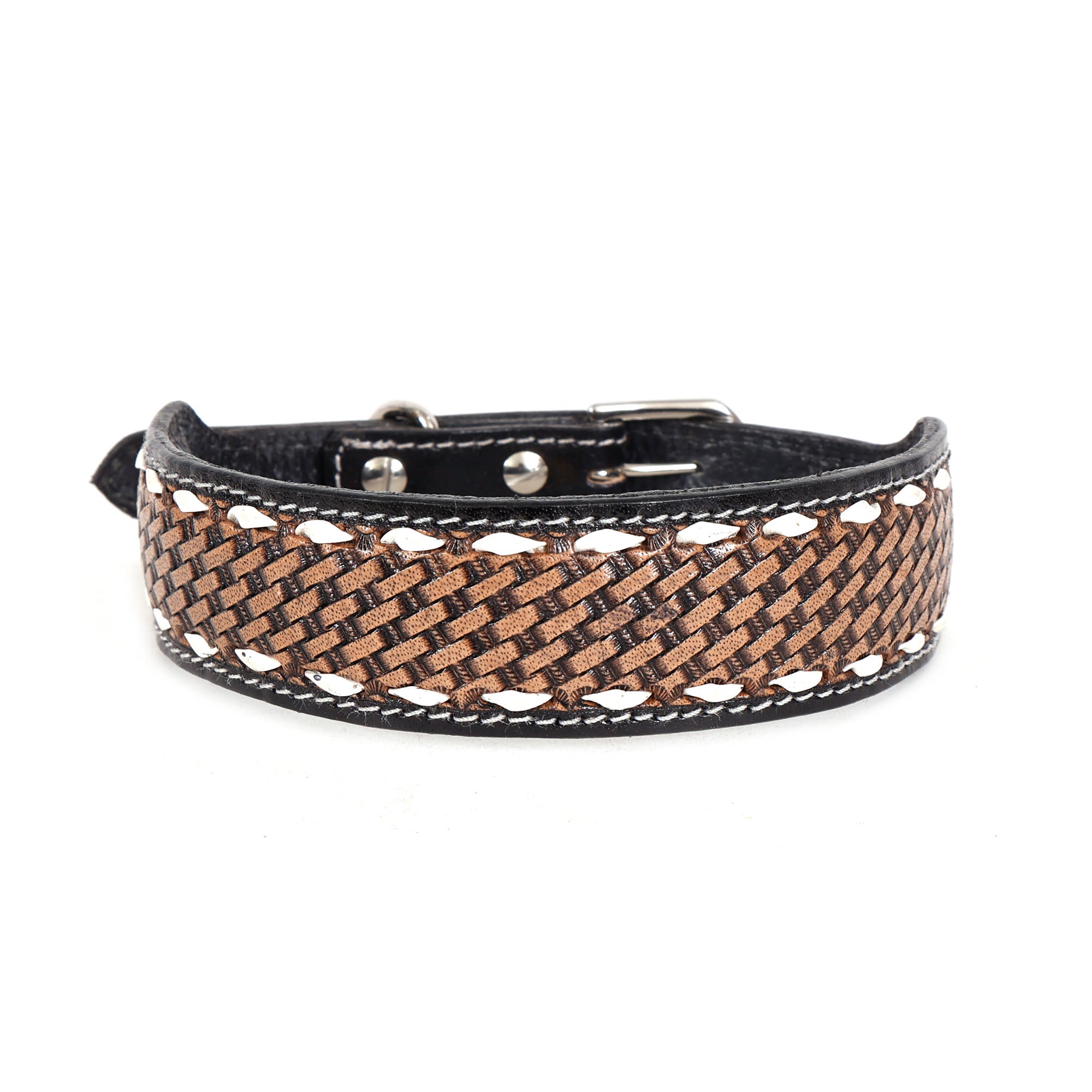 Hand-Tooled Black & Brown Leather Dog Collar – Premium Artisan Craftsmanship