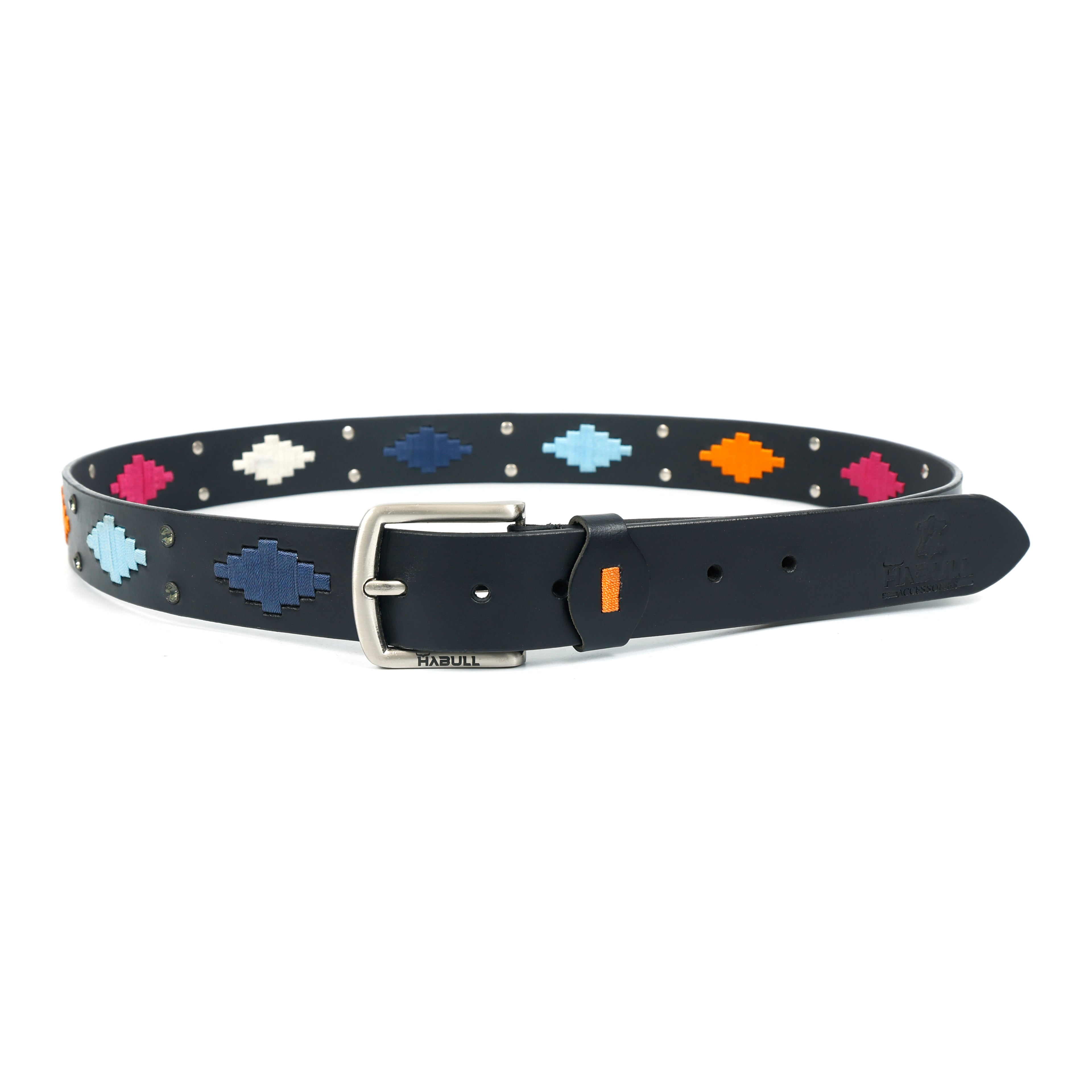Black Polo Leather Belt with Colorful Thread Embroidery & Metal Stud Accents