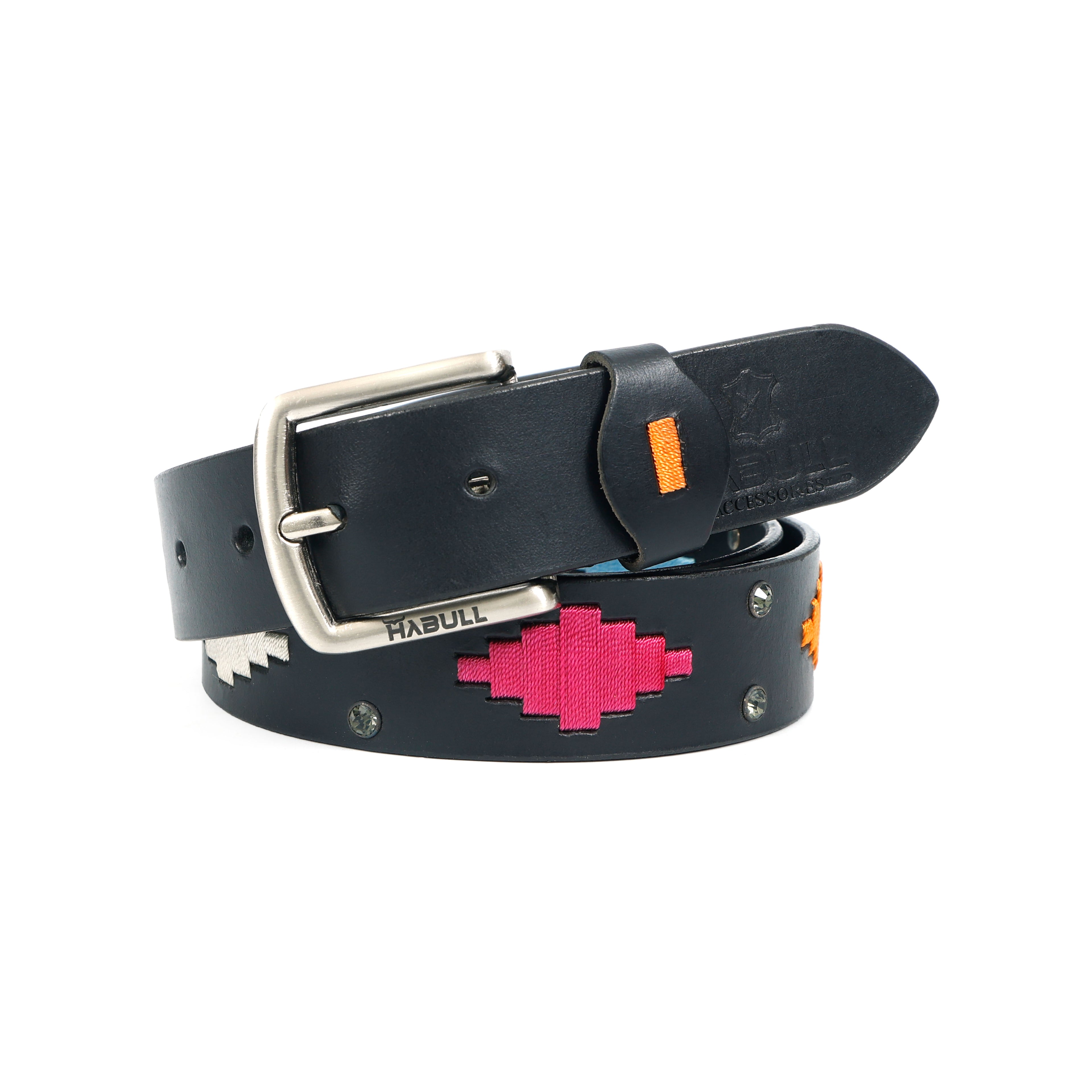 Black Polo Leather Belt with Colorful Thread Embroidery & Metal Stud Accents