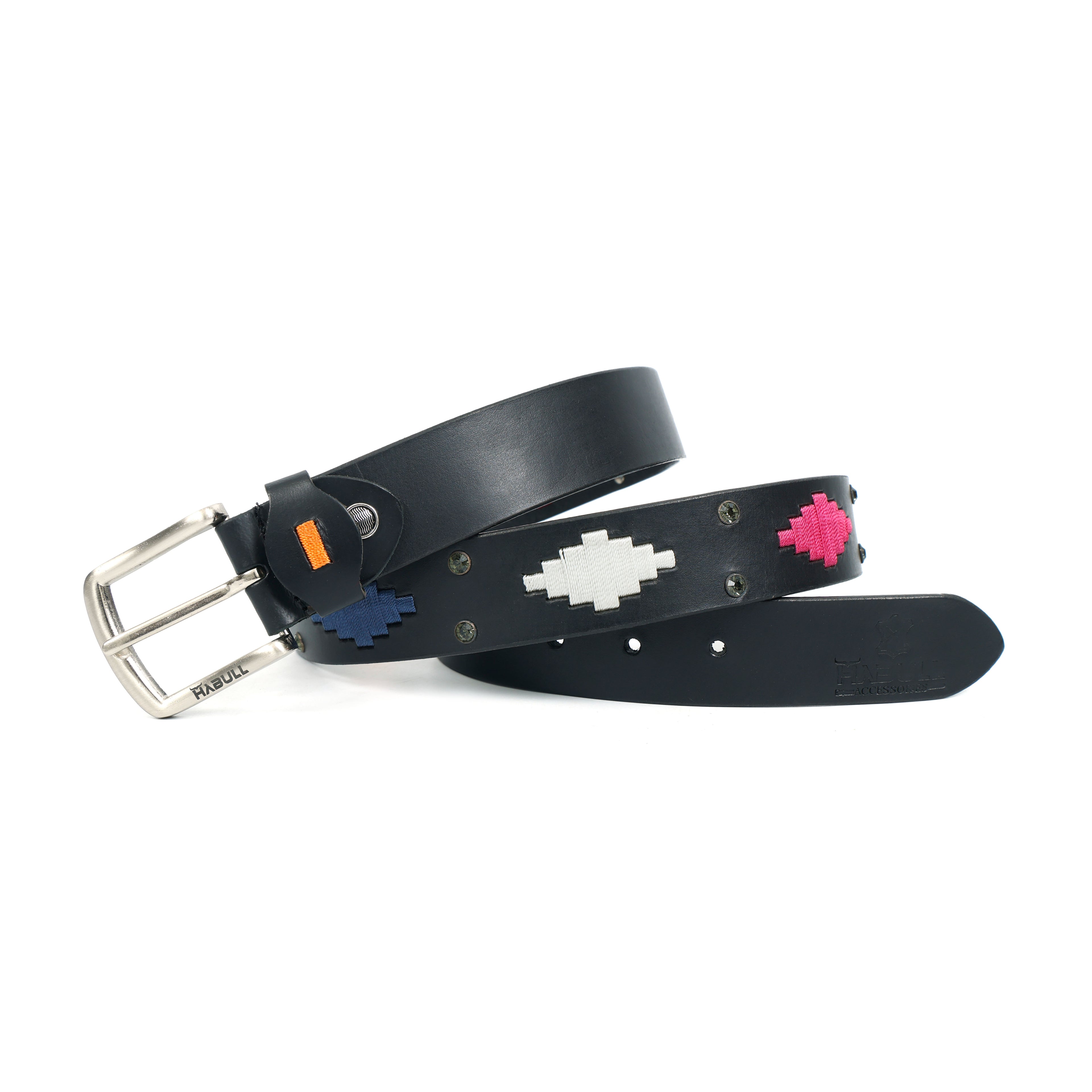 Black Polo Leather Belt with Colorful Thread Embroidery & Metal Stud Accents