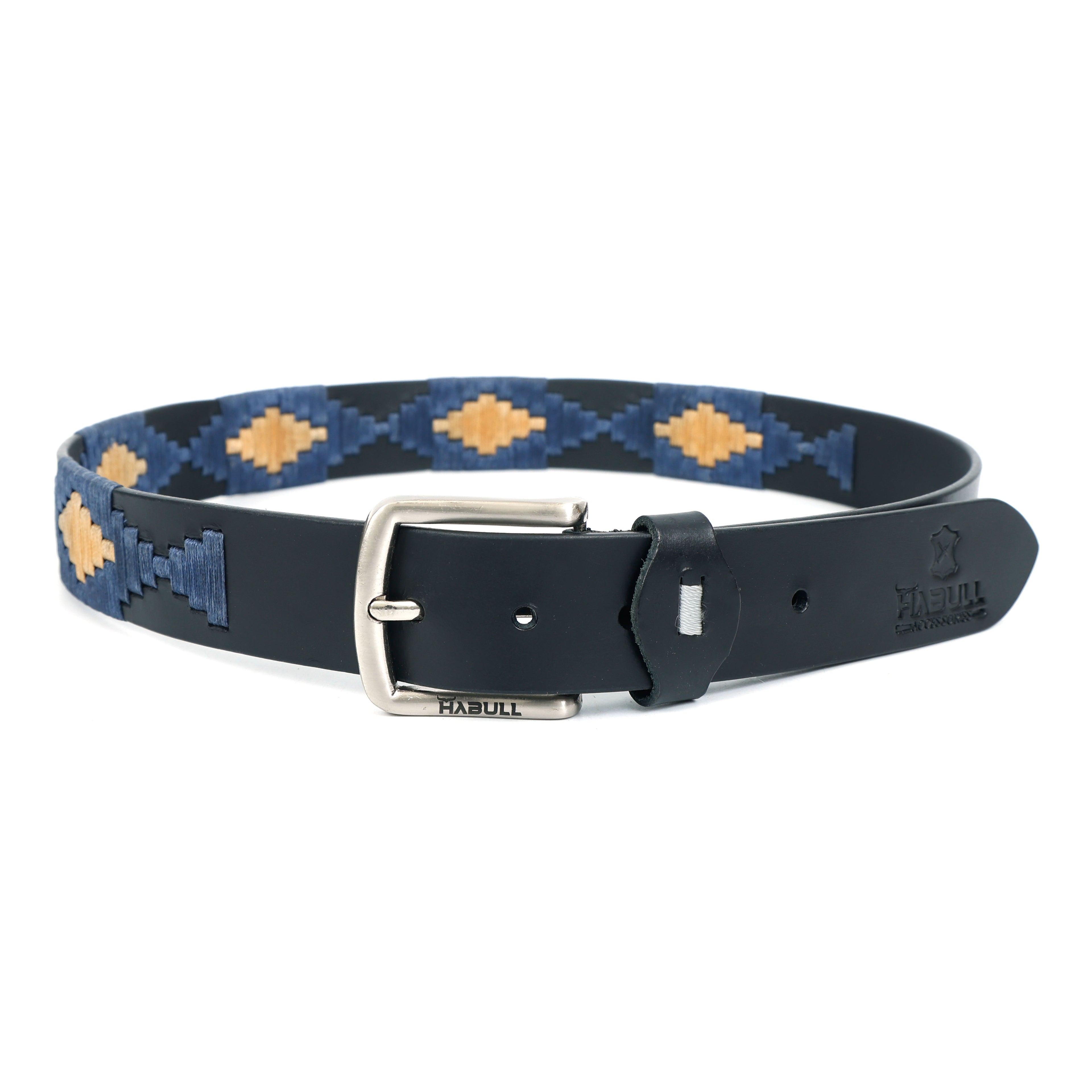 Handcrafted Black Leather Polo Belt with Navy & Beige Waxy Thread Embroidery