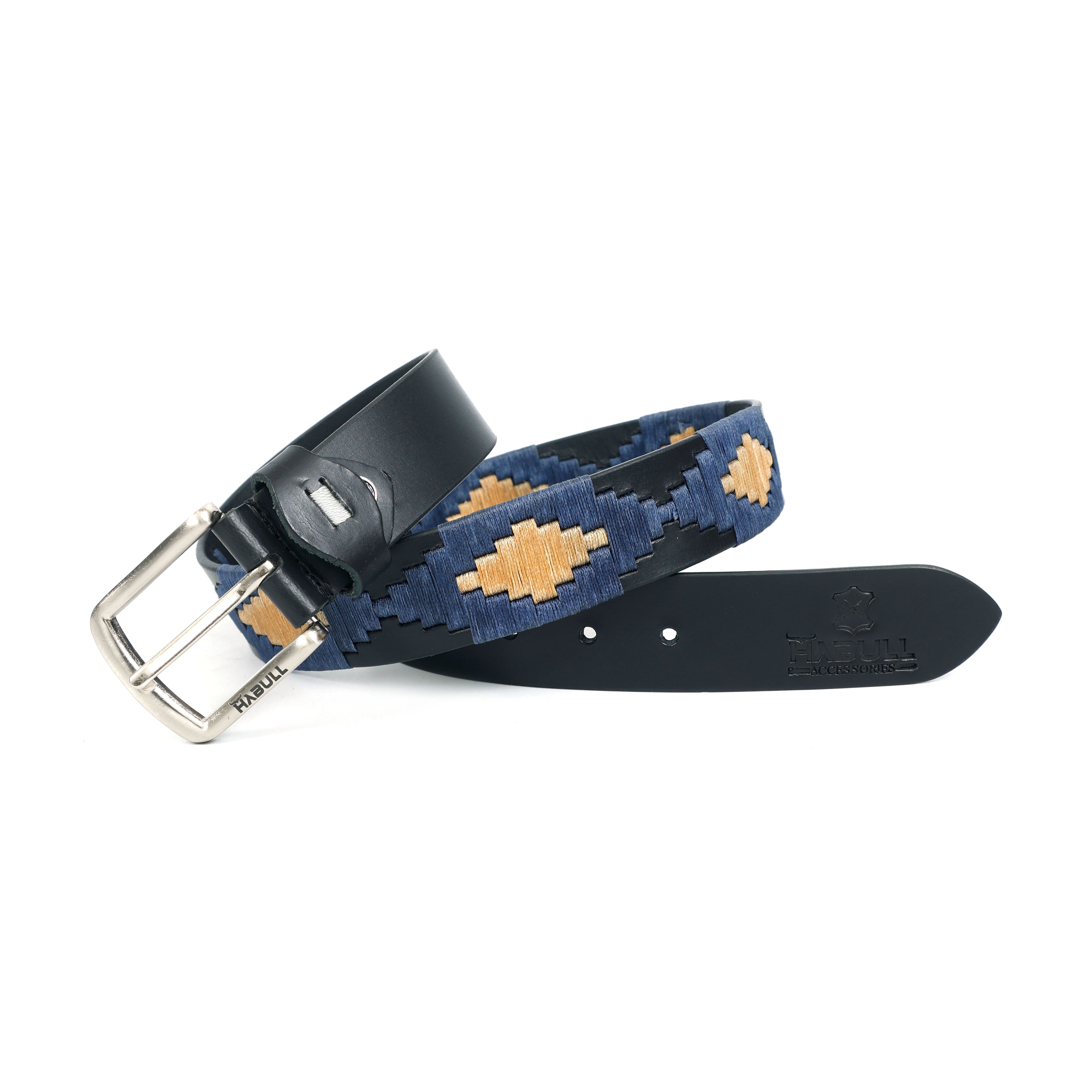 Handcrafted Black Leather Polo Belt with Navy & Beige Waxy Thread Embroidery