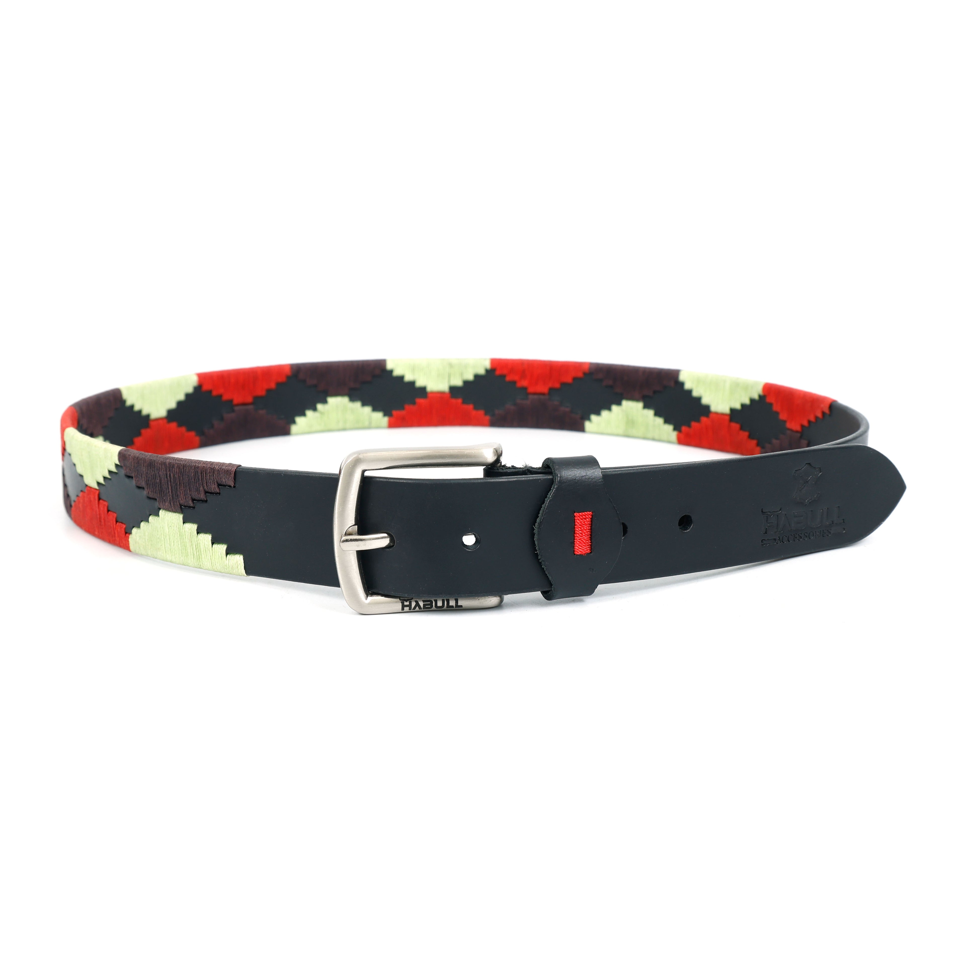 Handcrafted Black Leather Polo Belt with Red, Mint & Maroon Waxy Thread