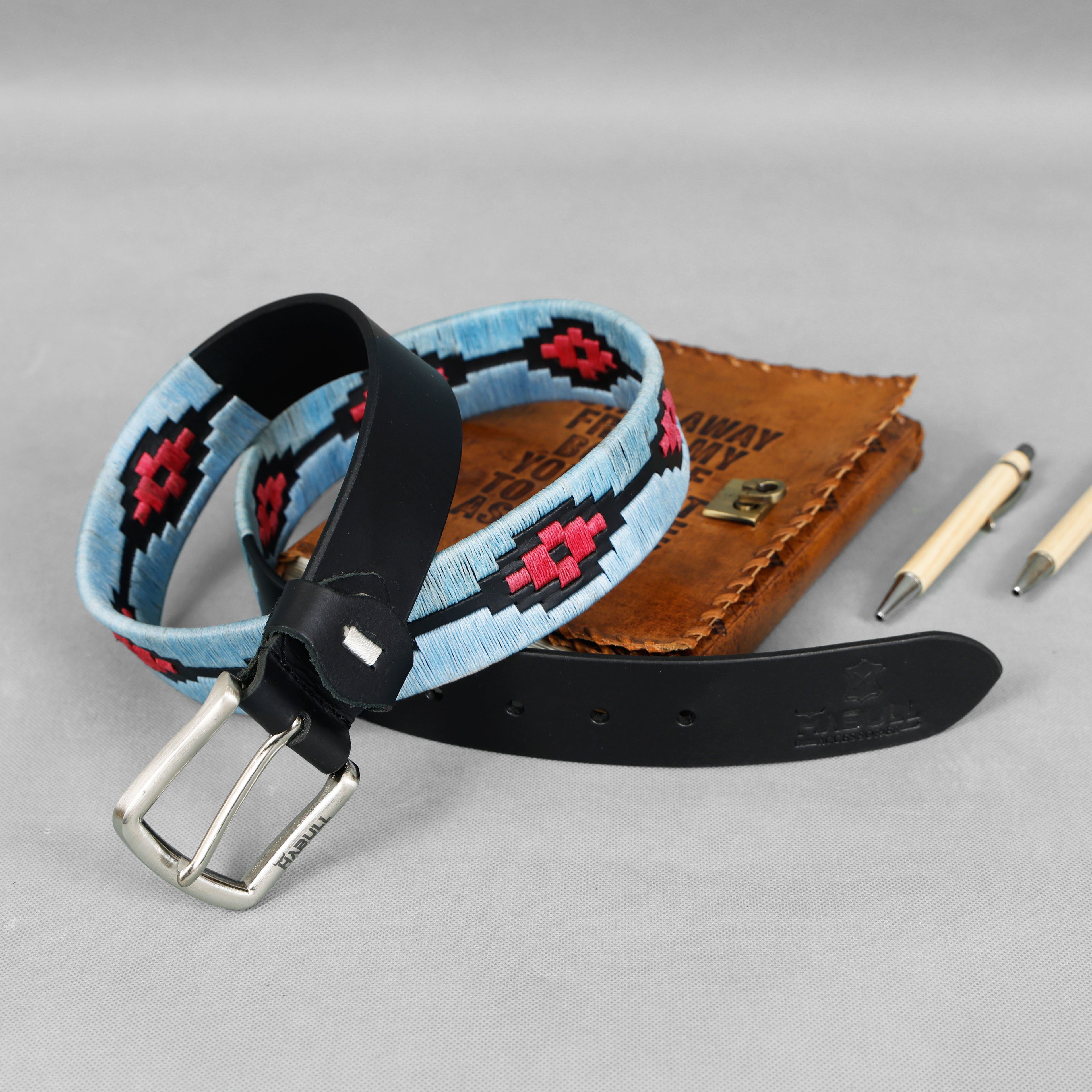 Handcrafted Black Polo Belt with Sky-Blue & Pink Waxy Thread Stitching