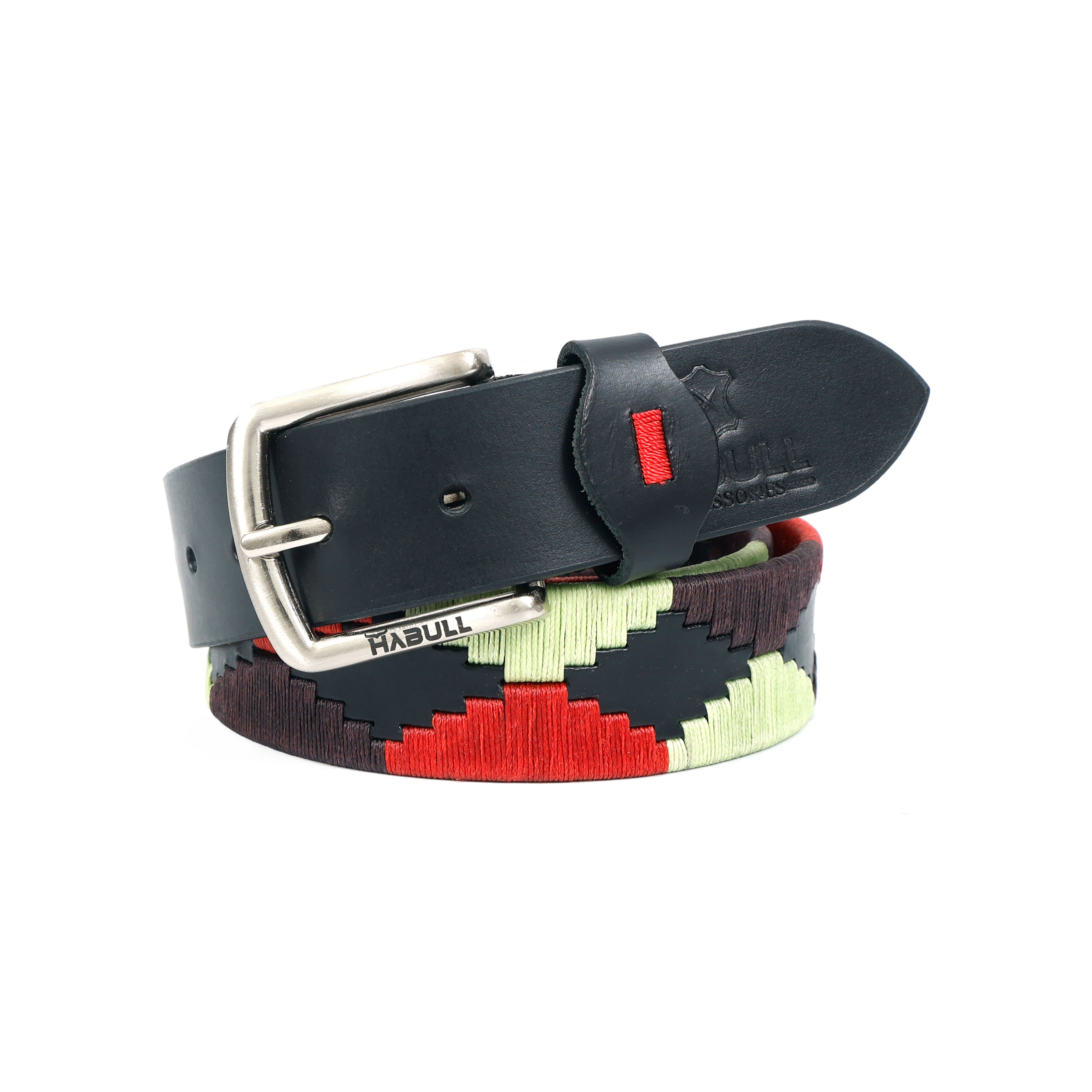 Handcrafted Black Leather Polo Belt with Red, Mint & Maroon Waxy Thread