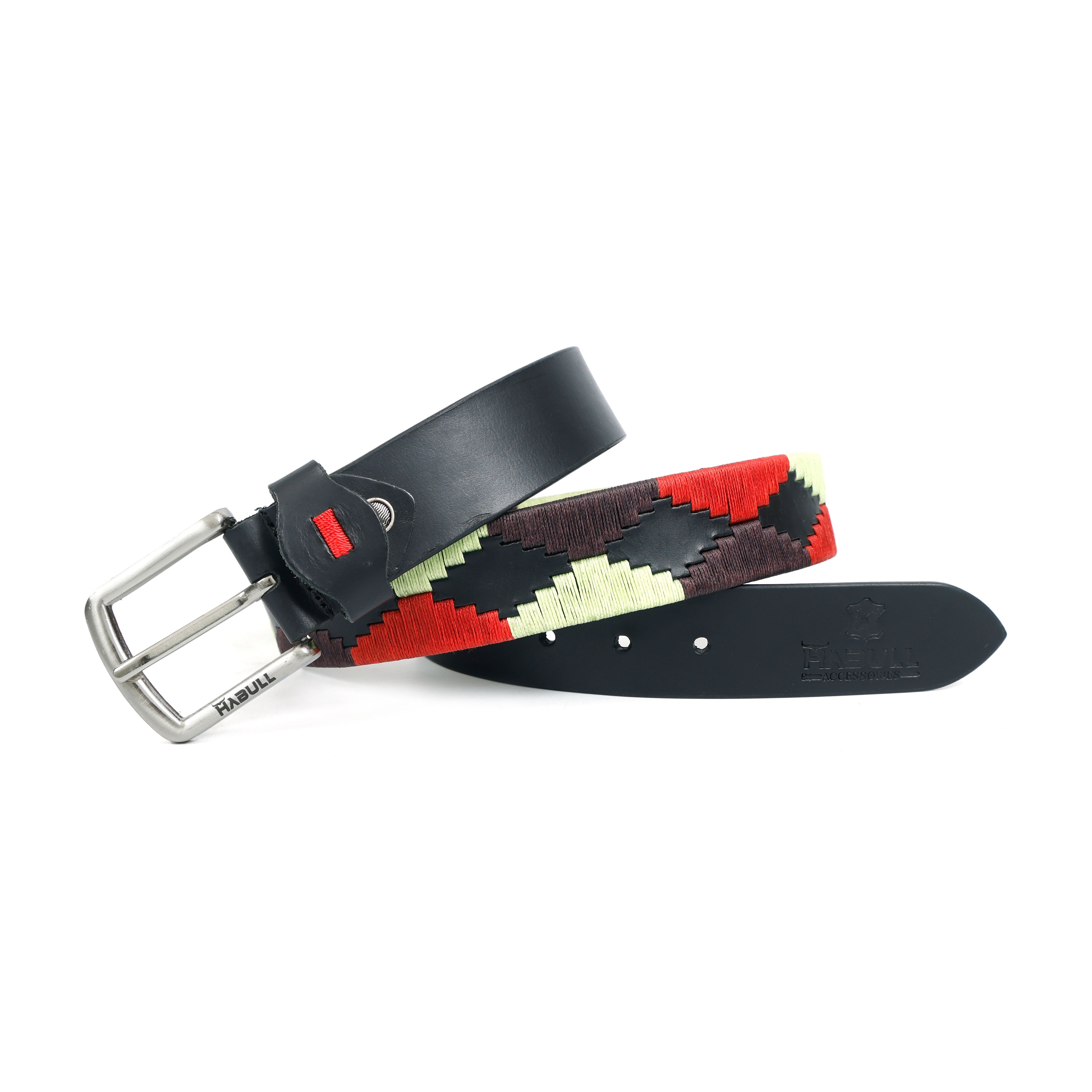 Handcrafted Black Leather Polo Belt with Red, Mint & Maroon Waxy Thread